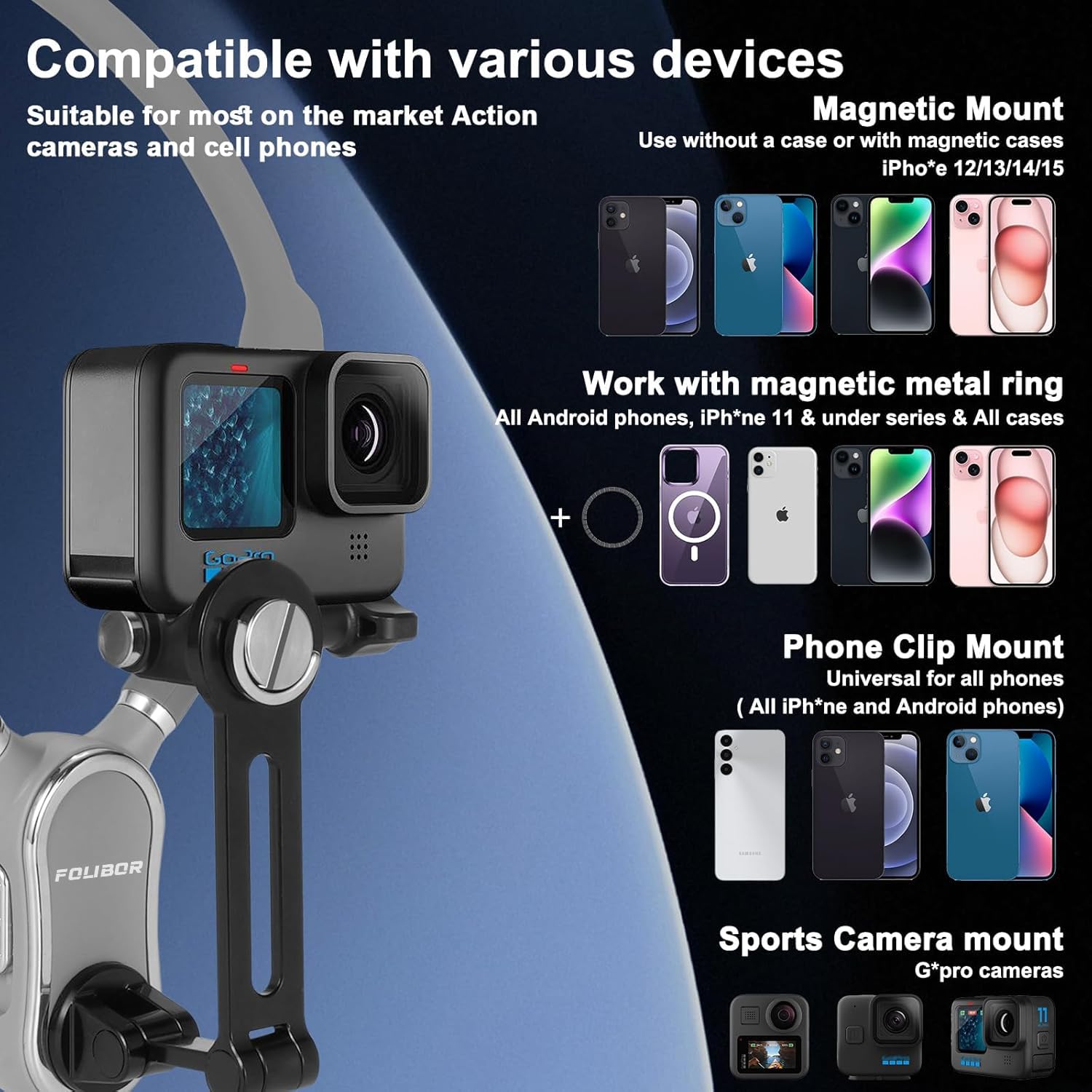 Folibor Magnetic Phone Holder, 4 In 1 Neck Mount For Phones & Action Camera, Hand  Cell Phone Holder For Recording Pov/Vlog Video Selfie, Neck Tripod For Iphone, Gopro, Android Phones Grey