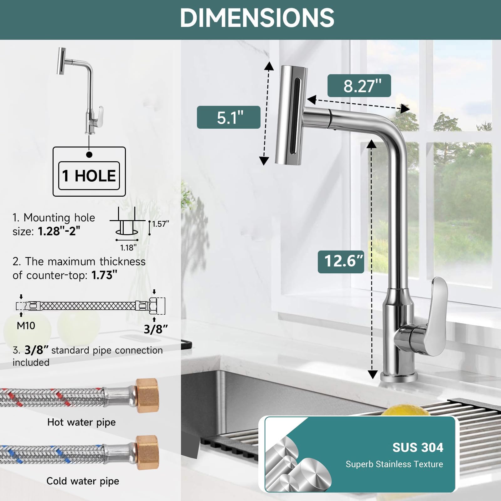 Fefue Waterfall Kitchen Faucet With Pull-Out Sprayer With 4 Modes Sprayer, Stainless Steel 360° Swivel Kitchen Sink Faucet, High Arc Single Hole Sink Faucet (Silvery)