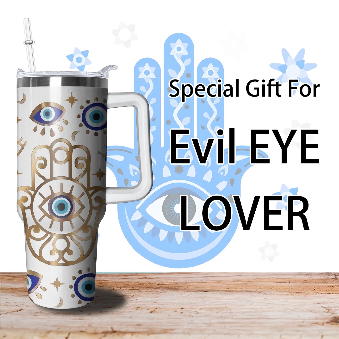 40Oz Evil Eye Tumbler With Handle And Flip Straw, Evil Eyes Hand Stainless Steel Insulated Cup