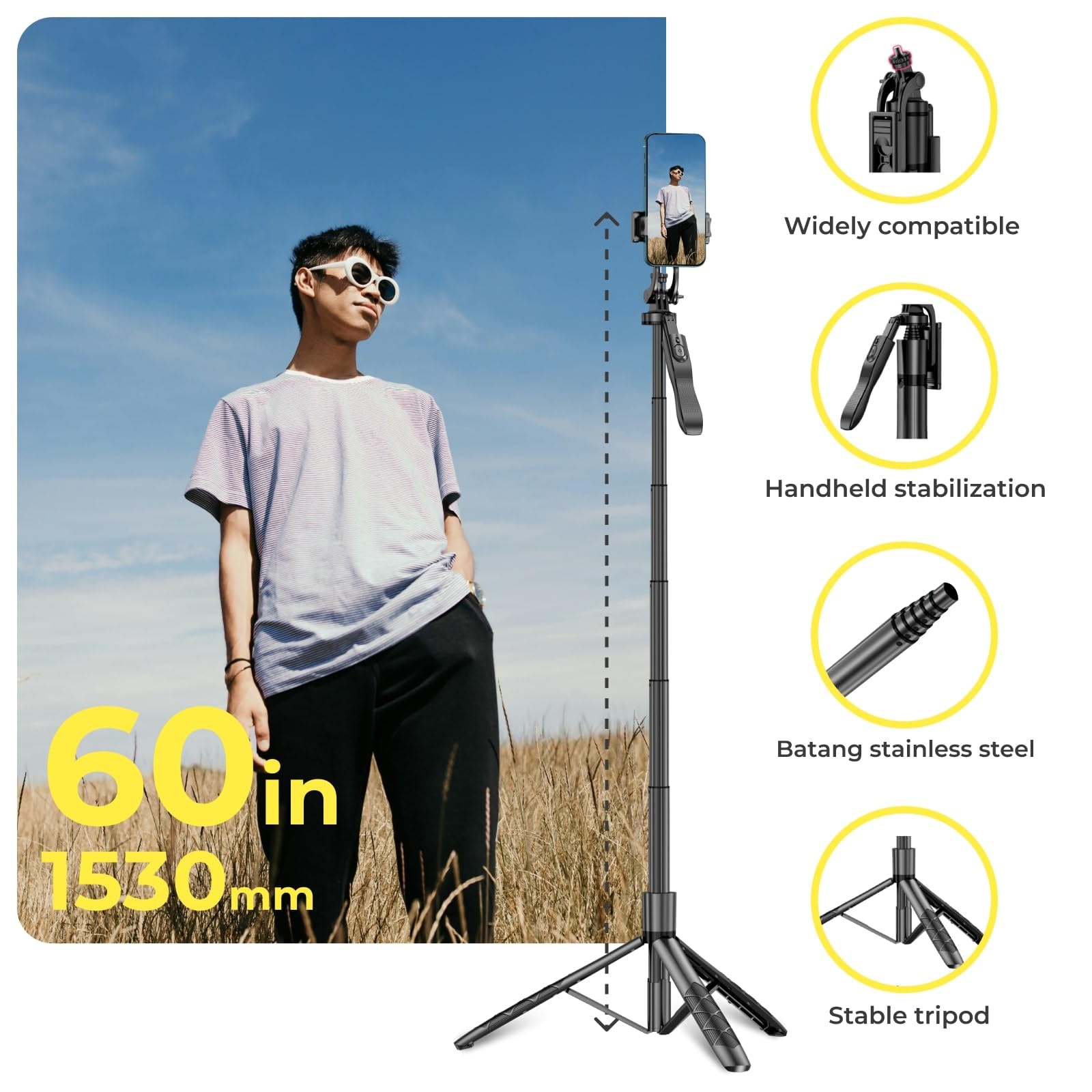 Ezigo Phone Tripod 62" Selfie Stick For Iphone With Remote And 3W Led Light, Universal Mount, Phone Stand For Recording & Streaming, Tripod For Iphone & Android Phone & Gopro