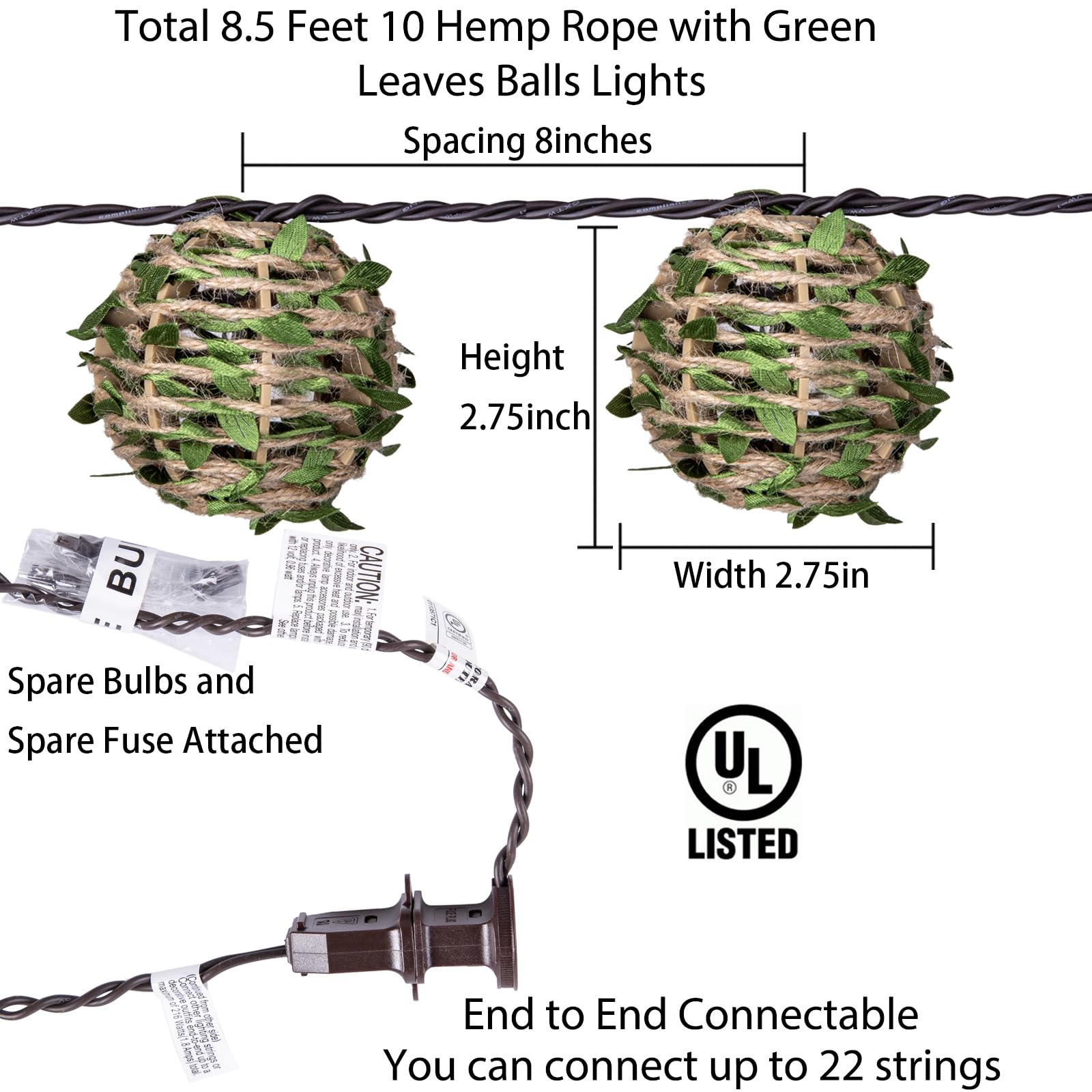 Twinkvilla Decorative Lantern String Lights, Outdoor Plug In Hanging Lights With 10 Natural Hemp Rope Leaf Balls, Connectable Weatherproof Patio Globe Boho String Lights For Home Pergola Porch Party Backyard