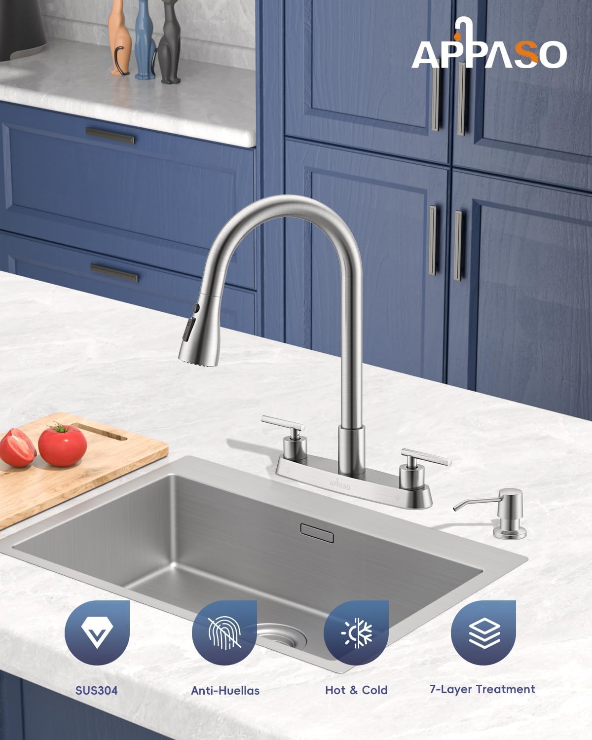 Appaso 2 Handle Kitchen Faucet With Sprayer, 4-Hole Kitchen Faucet With Pull Down Sprayer And Soap Dispenser, High Arc Stainless For 3 & 4 Hole Rv Outdoor Sink, Brushed Nickel