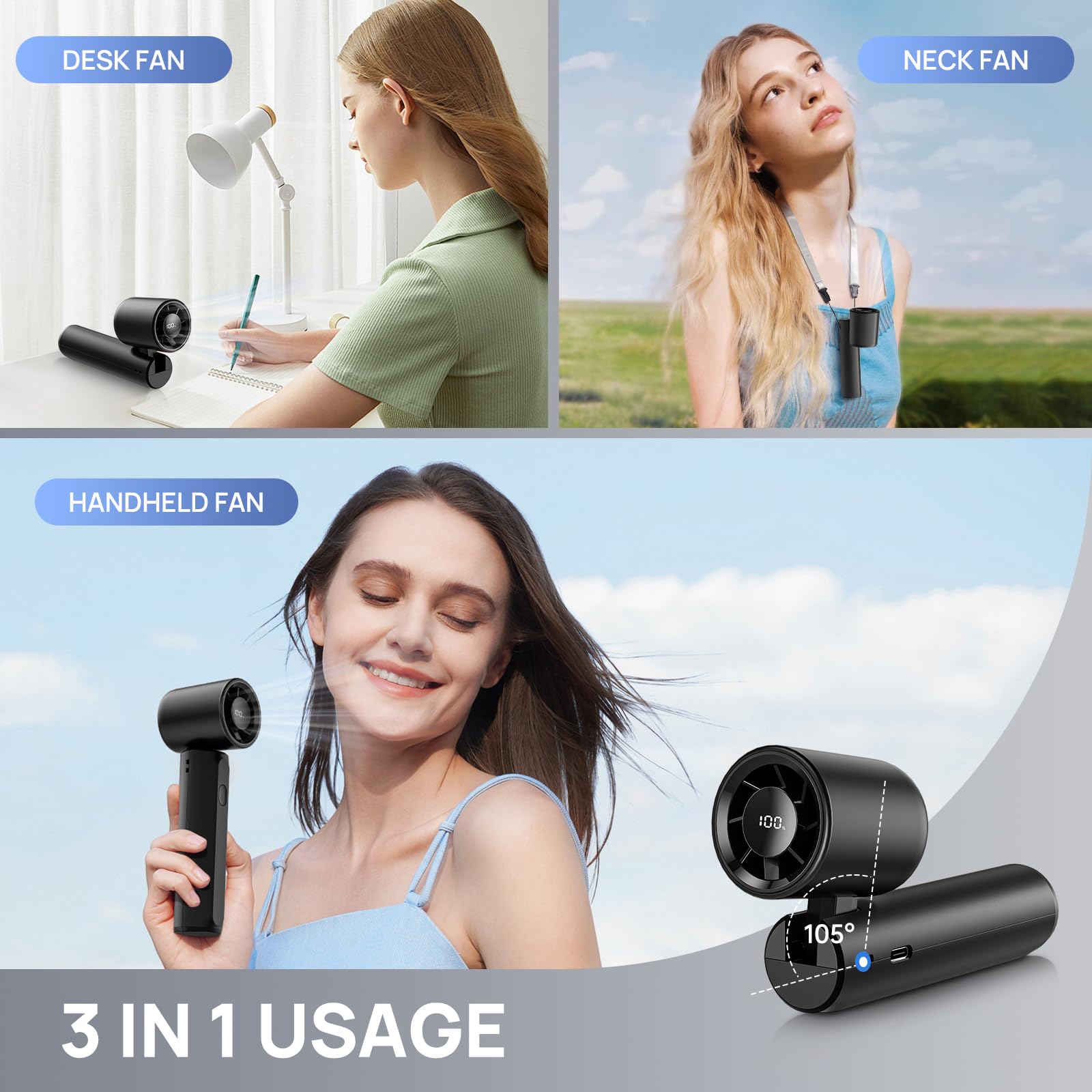 Portable Handheld Turbo Fan, Mini Personal Fan 18000Rpm Speed(1-100) Adjustable, 3-In-1 Rechargeable