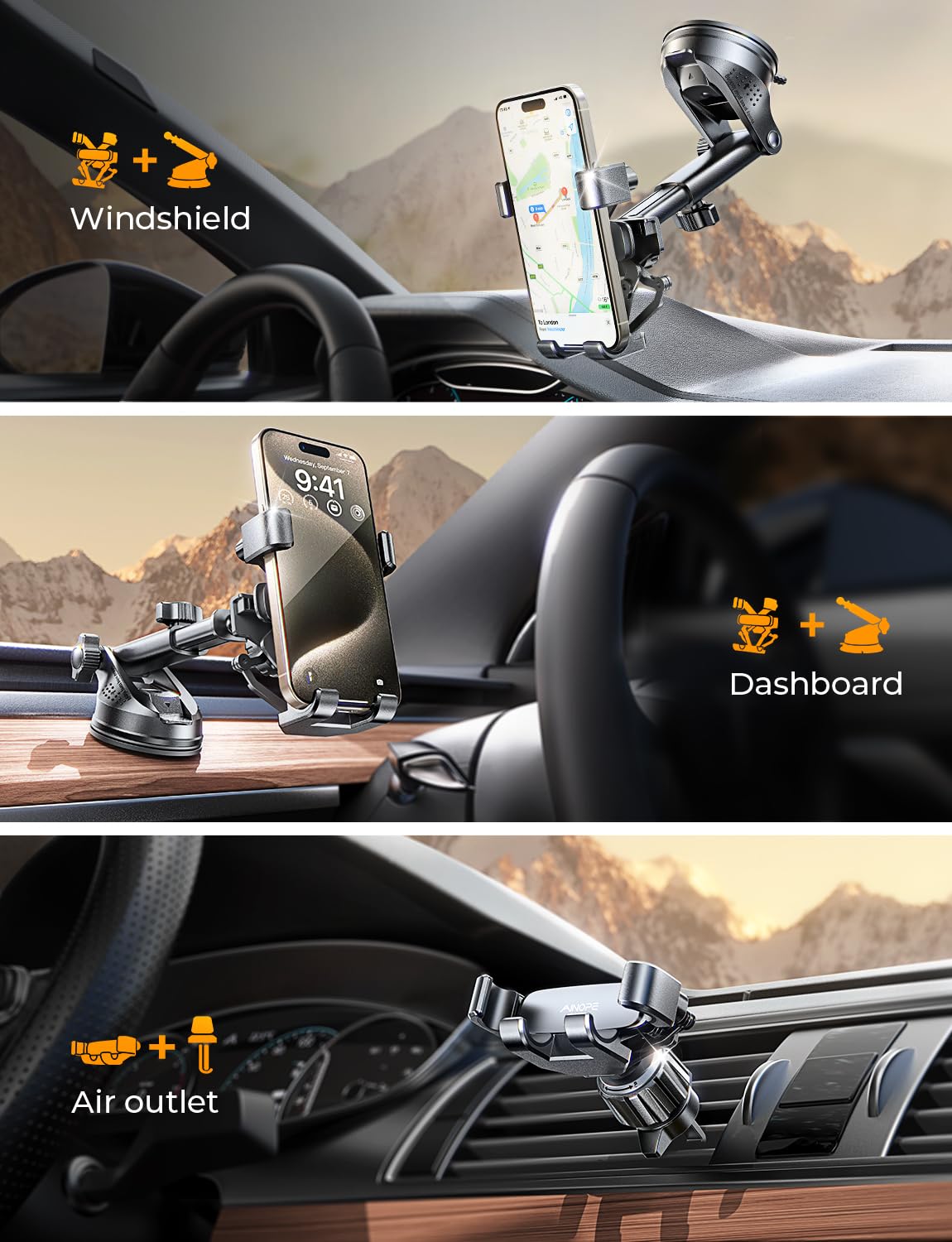 Ainope Phone Mount For Car 3-1 Gravity Car Phone Holder Mount For Car Dashboard Windshield Air Vent Cell Phone Holder Car For Iphone 15 Pro Max 14 13 12 & All Phones
