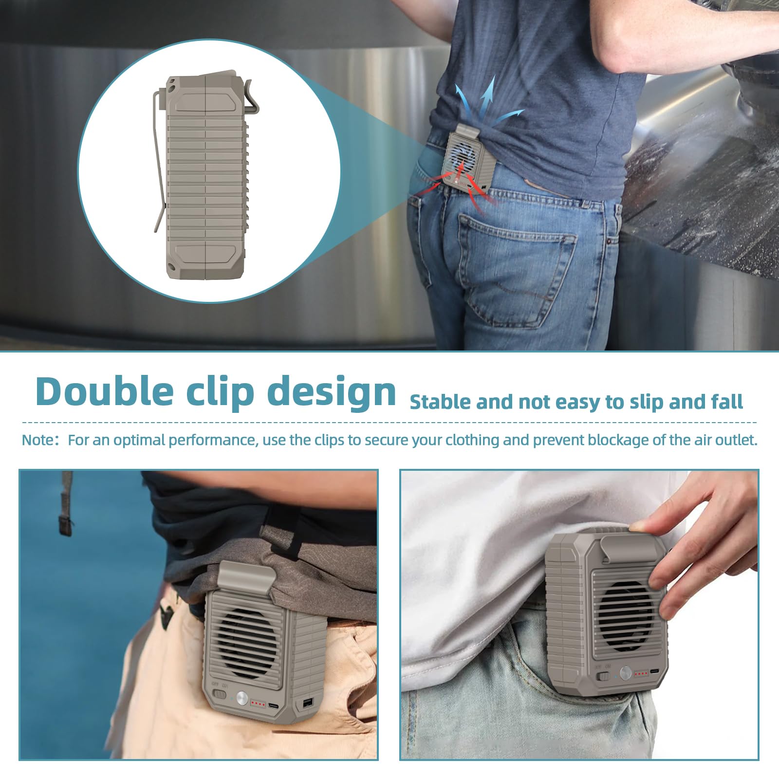 Civpower Portable Waist Clip Fan, 10000Mah Battery Personal No Handheld Belt Fan, 3 Speeds, Body Fan