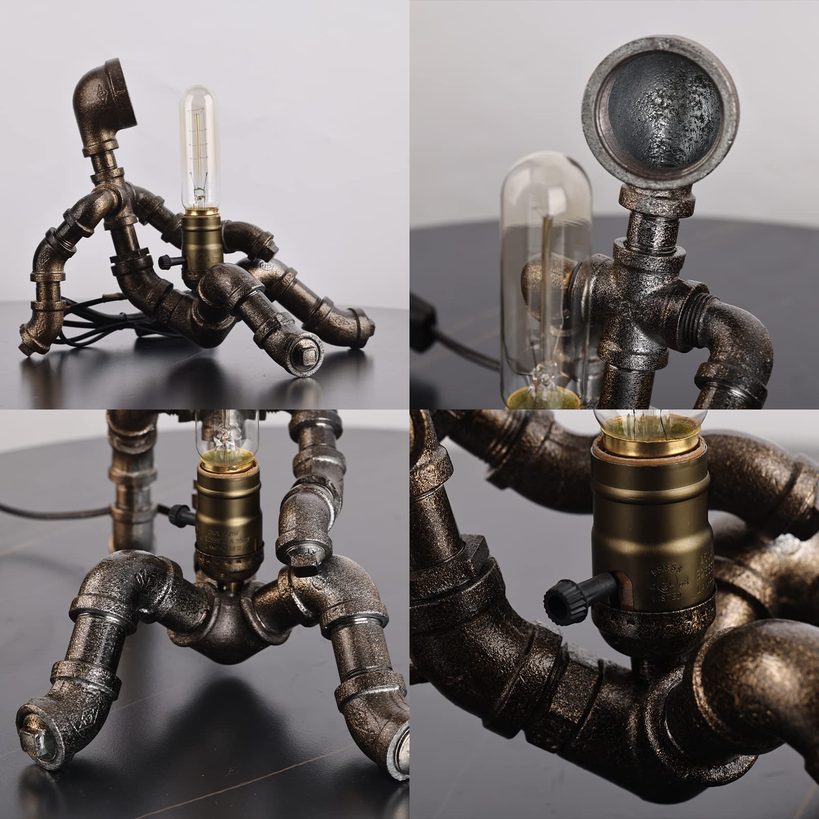 Dovdov Steampunk Table Lamp, Creative Robot Design Industrial Water Pipe Lamp, Retro Decoration Personality Creative Cool Atmosphere Decoration Lovely Lamp (E-Bronze)