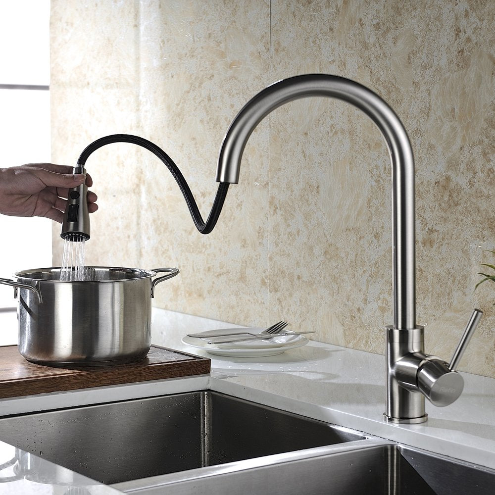 Kmeino Kitchen Faucet With Pull Down Sprayer Brushed Nickel, High Arc Single Handle Rv Bar Faucet Stainless Steel Kitchen Sink Faucet For Commercial Modern Kitchen