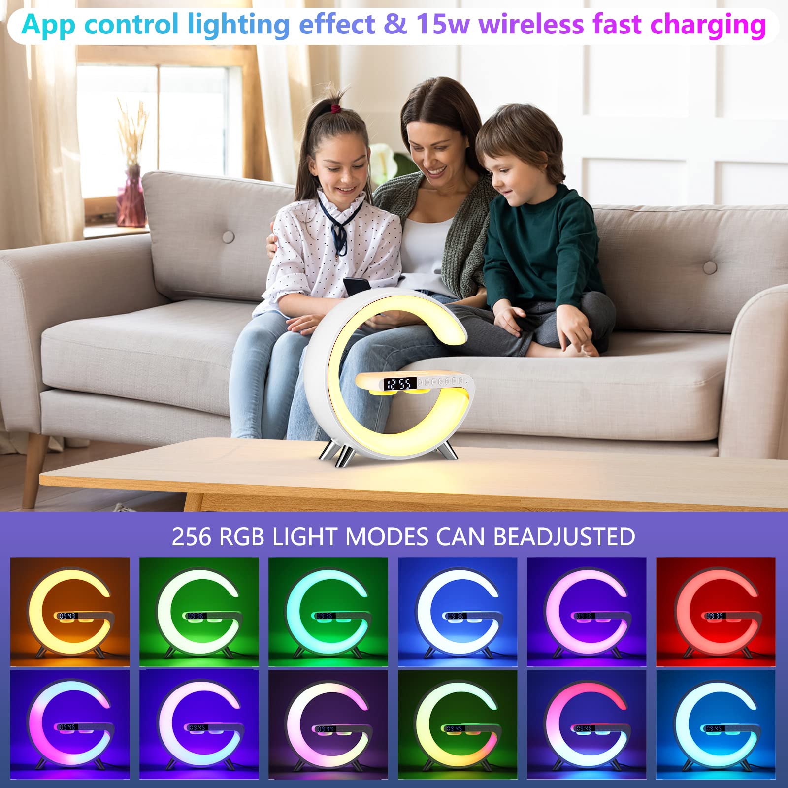 Blingbin Wireless Charger Atmosphere Lamp, Intelligent Led Table Lamp, Bluetooth Speaker, Dimmable Night Light Bedside Lamp Alarm Clock With Music Sync, App Control For Bedroom Home Decor (White)