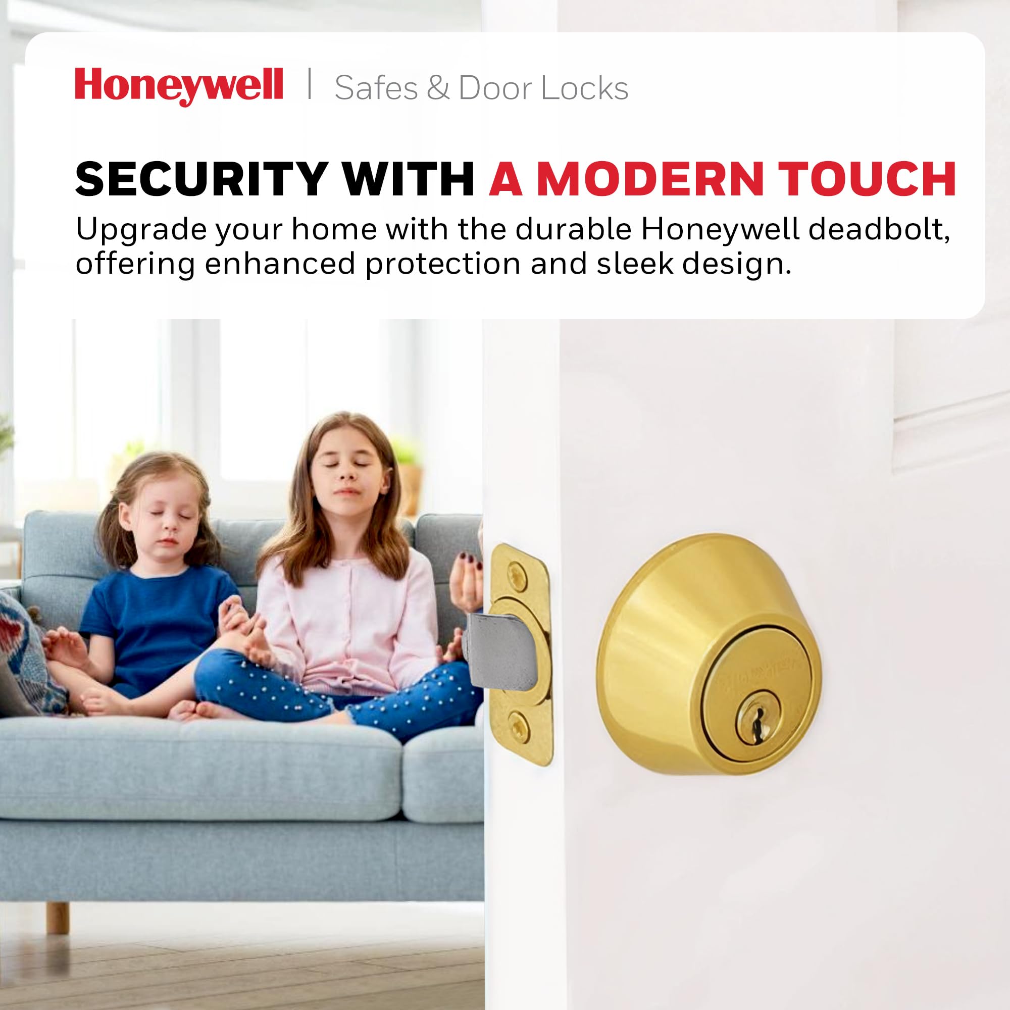 Honeywell Safes & Door Locks - Single Cylinder Front Door Deadbolt Lock Set - Anti-Bump Resistant Dead Bolt Lock For Exterior Doors With 2 Entry Keys - Polished Brass - 3 X 5 X 8.5 In - 8111009