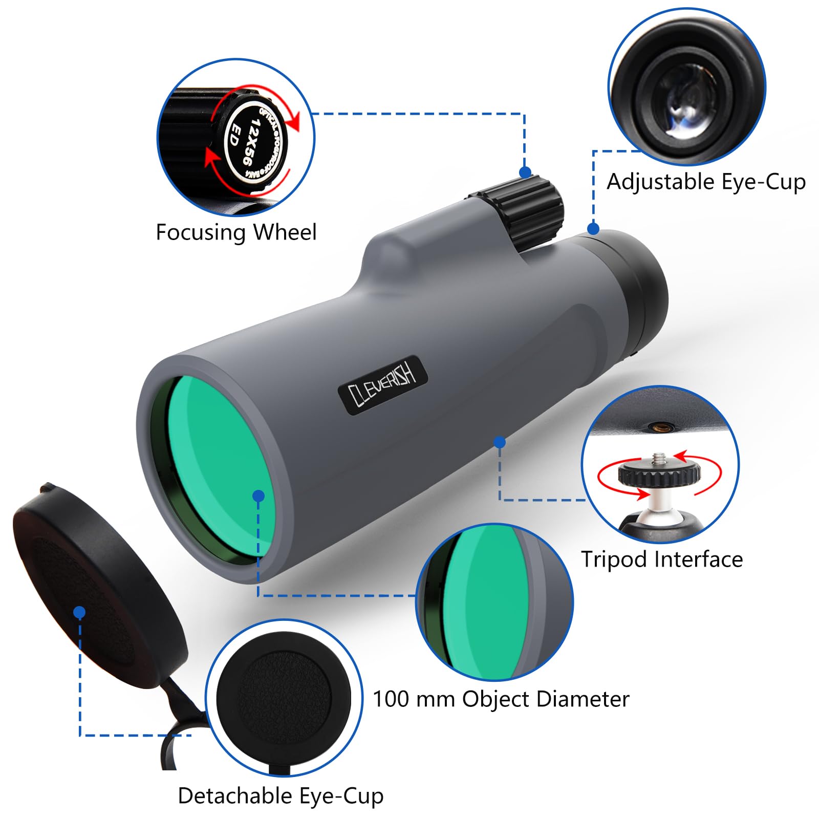 Cleverish 12X56 High Power Monoculars For Adluts, Tripod Travel Bag With Smartphone Adapter, Bak-4 Prism, Ultra Clear Fmc Lens For Bird Watching, Hunting, Traveling, Hiking.Designed In United States