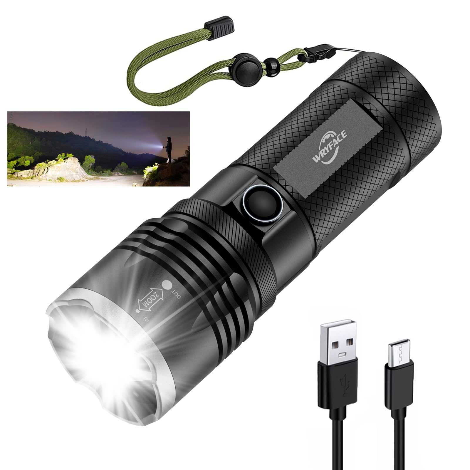 Wryface Rechargeable Led Flashlight High Lumens Super Bright Flashlight, 5 Modes Tactical Flashlight With Zoomable,Ipx5 Waterproof,Powerful Handheld Flash Light For Emergencies, Hiking, Camping 