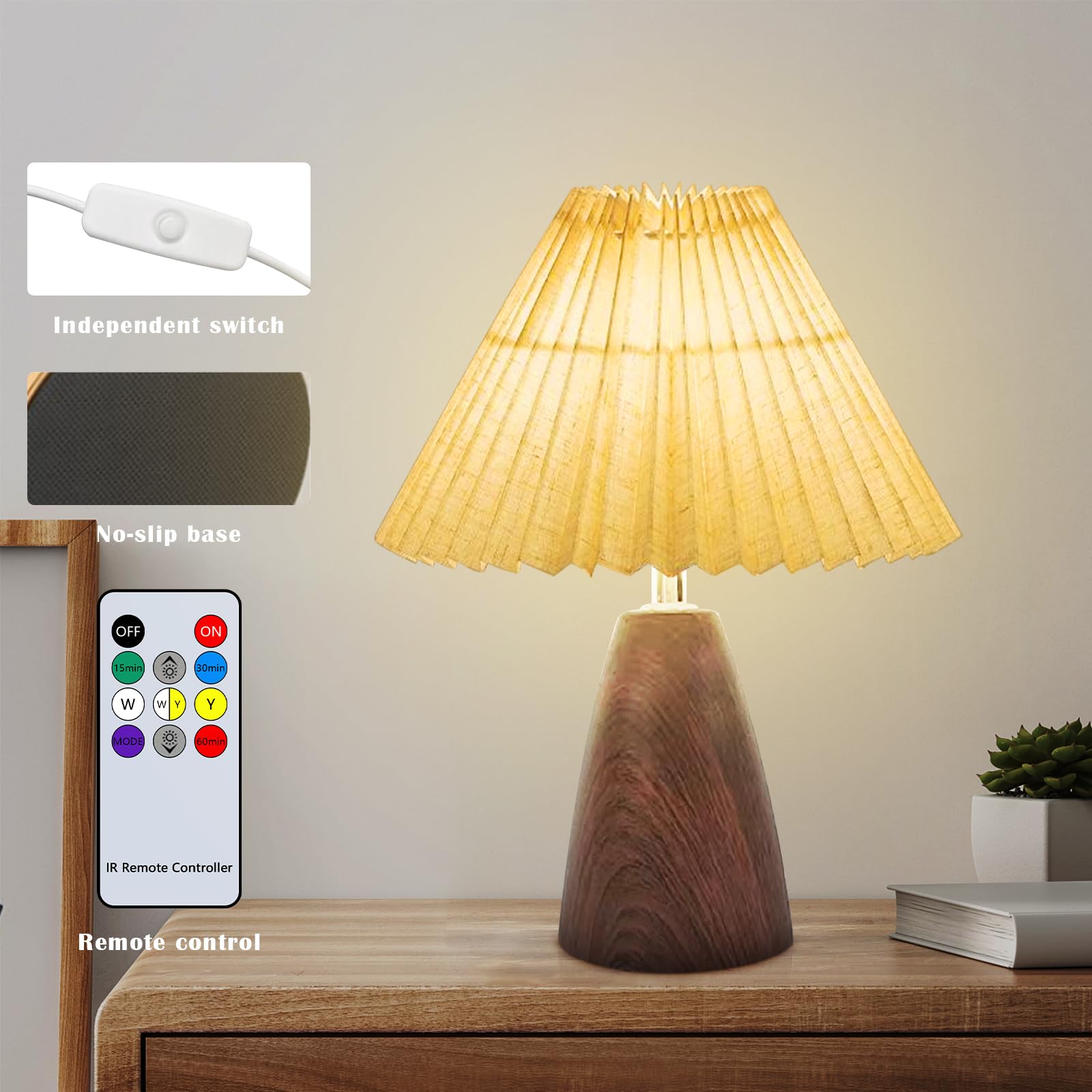 Aoteam Small Pleated Table Lamp, Modern Metal Base Nightstand Lamp With Beige Fabric Shade, Ideal For Bedroom, Living Room, Kids Room, And Study, A Cute Accent Lamp For Cozy Lighting (Wood Grain Lamp-6)