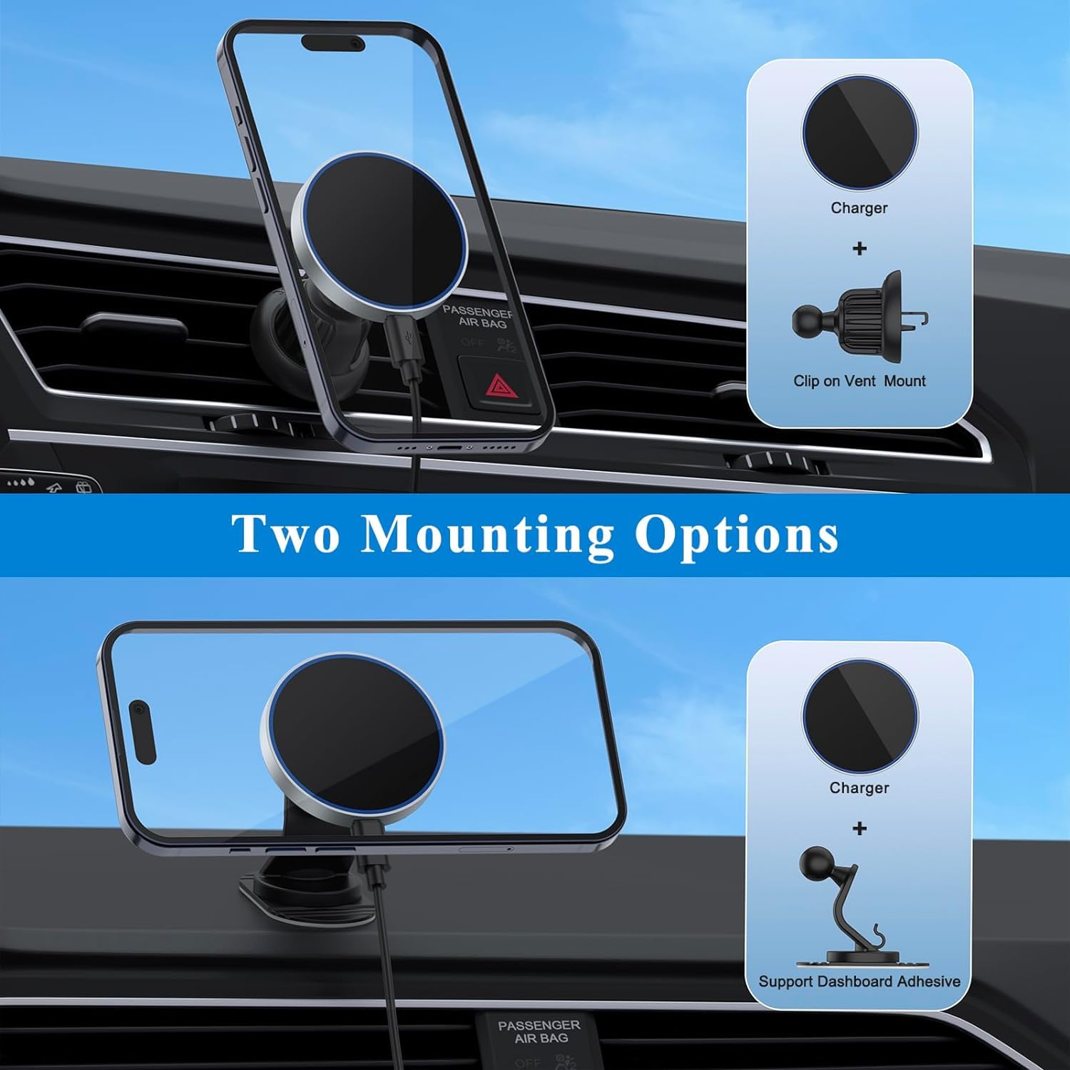 Vancle For Magsafe Car Mount Charger, 15W Fast Charging Magnetic Wireless Car Charger, Air Vent/Dashboard Phone Holder Mount For Iphone 15/14/13/12