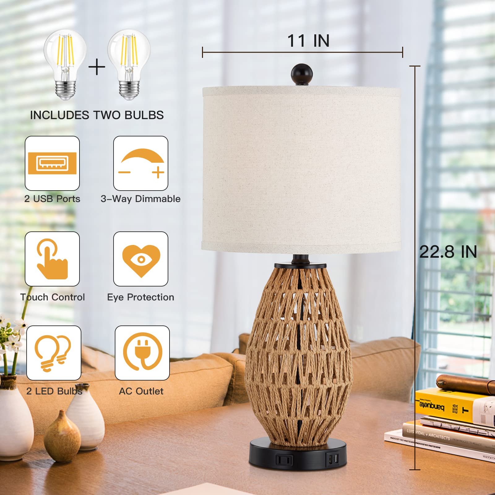 Cinsary Touch Control Rattan Table Lamps, 3 Way Dimmable Bedside Lamps For Bedroom With 2 Usb Ports And Ac Outlet, Wicker Nightstand Lamps For Living Room Home Office (Led Bulbs Included)