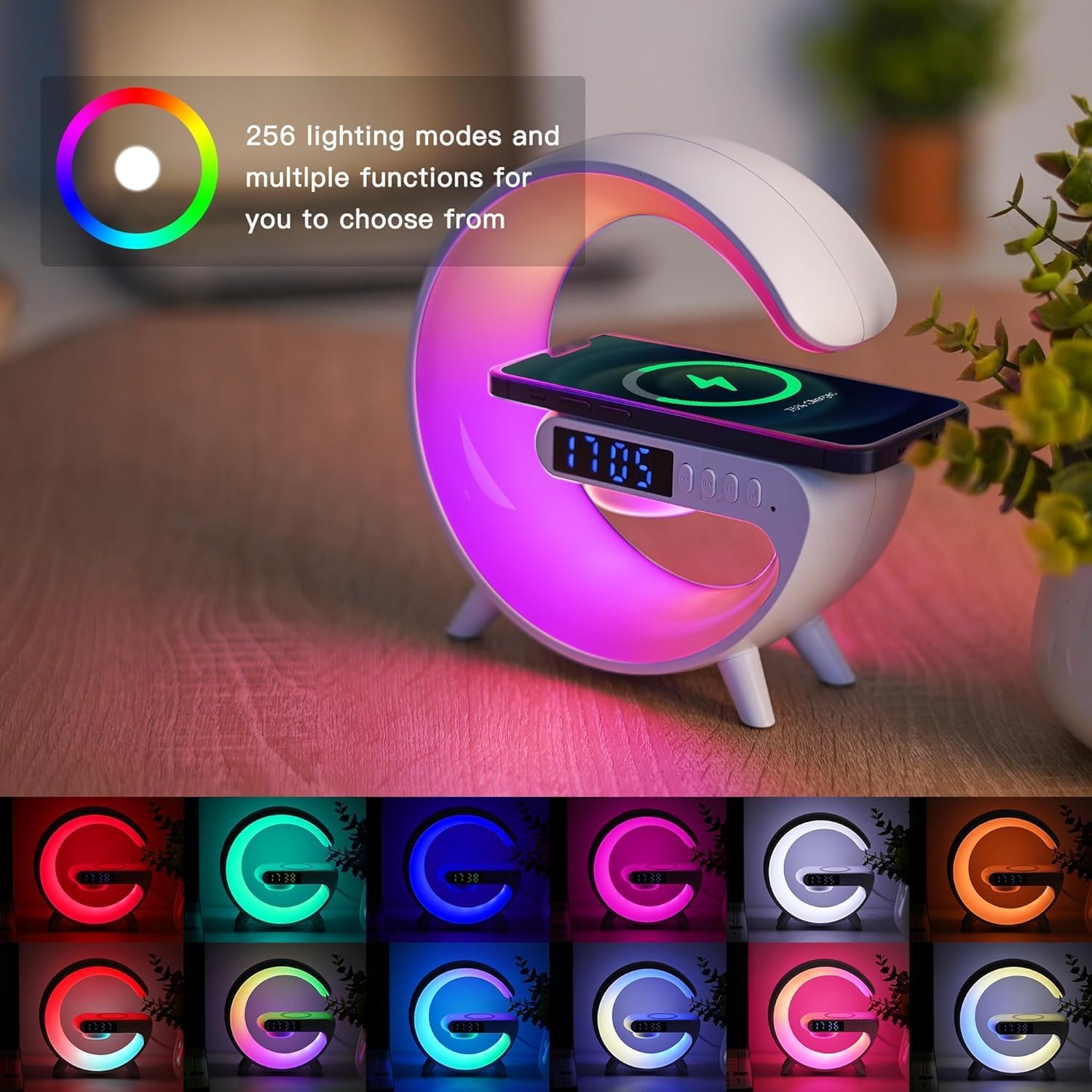Leenabao Mini Wireless Speaker Lamp With Alarm Clock, Wireless Charging, Atmosphere Light, Bedside Table Lamp (White)