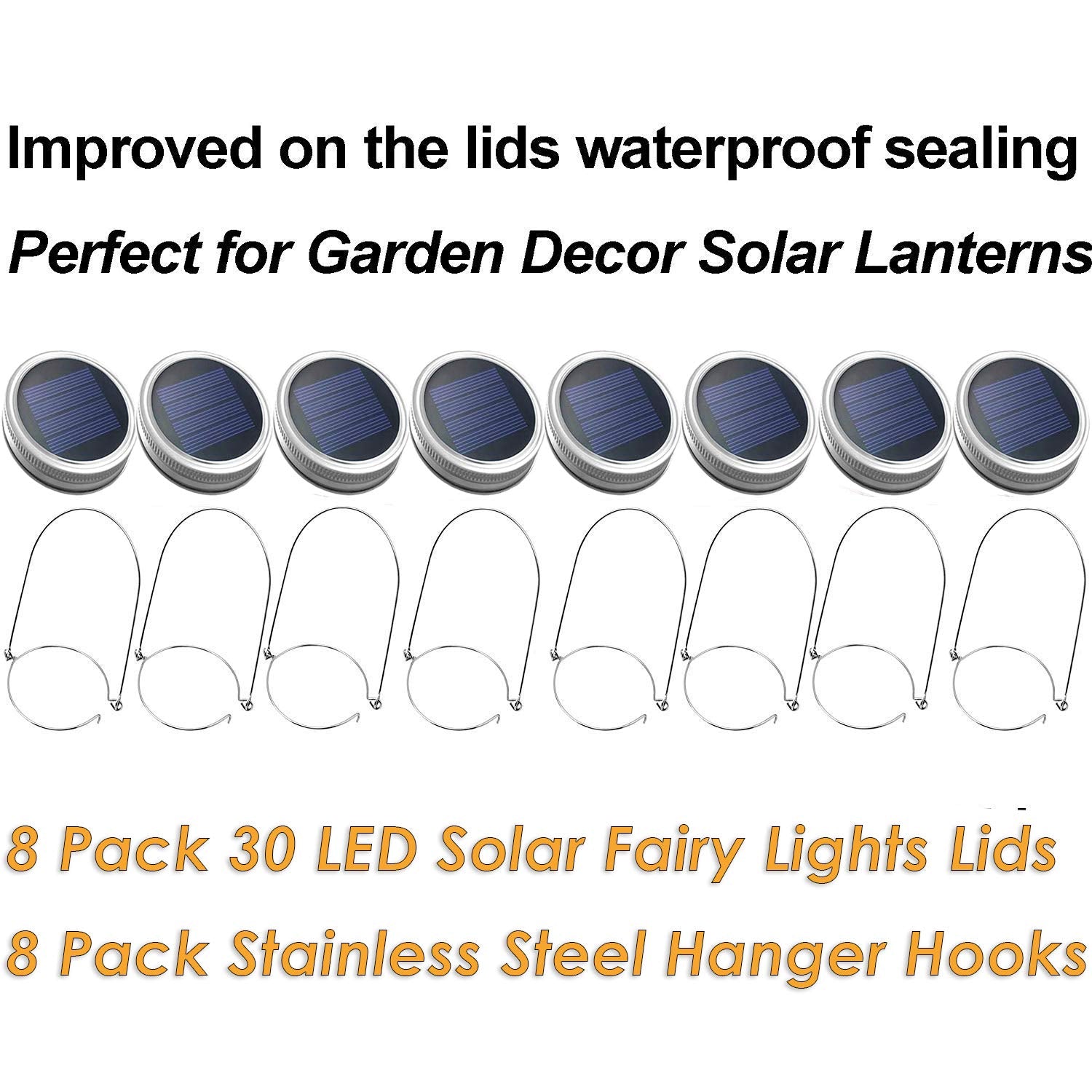 Yitee Mason Jar Solar Lantern Lights, 8 Pack 30 Led Bulbs Fairy Star Firefly Solar Lids Jar Lights,8 Hangers Included(No Jars),For Patio Garden Mason Jar Lanterns Table Wedding Decorations Lights