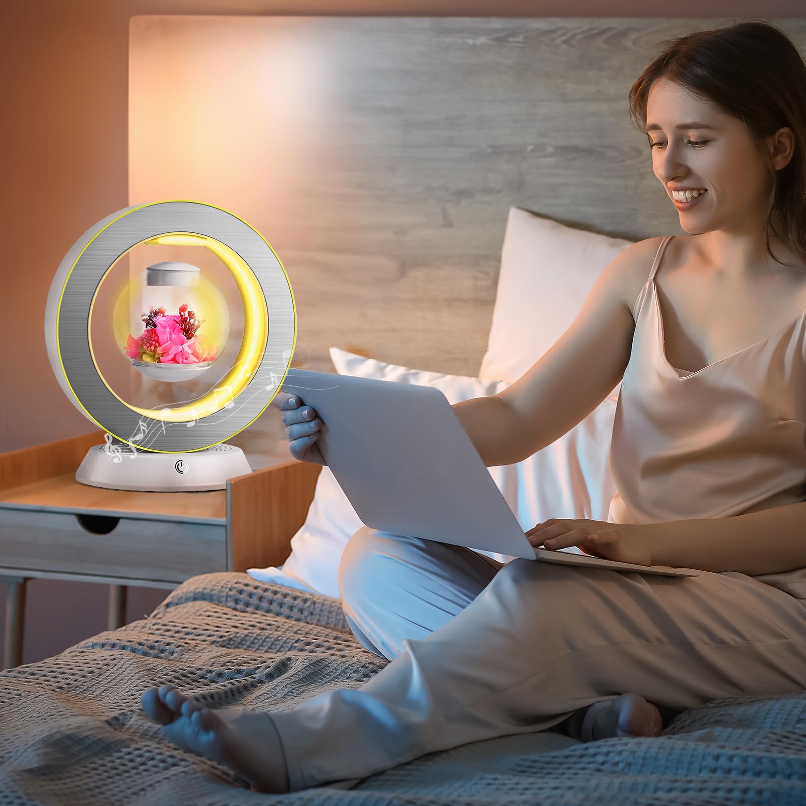 Lovelin Magnetic Levitation Circle Table Lamp With Bluetooth Speaker,5W Led Night Light,Three Variable Color,Automatic Rotating Preserved Flowers Creative Home Office Ornament Rotundity Layout