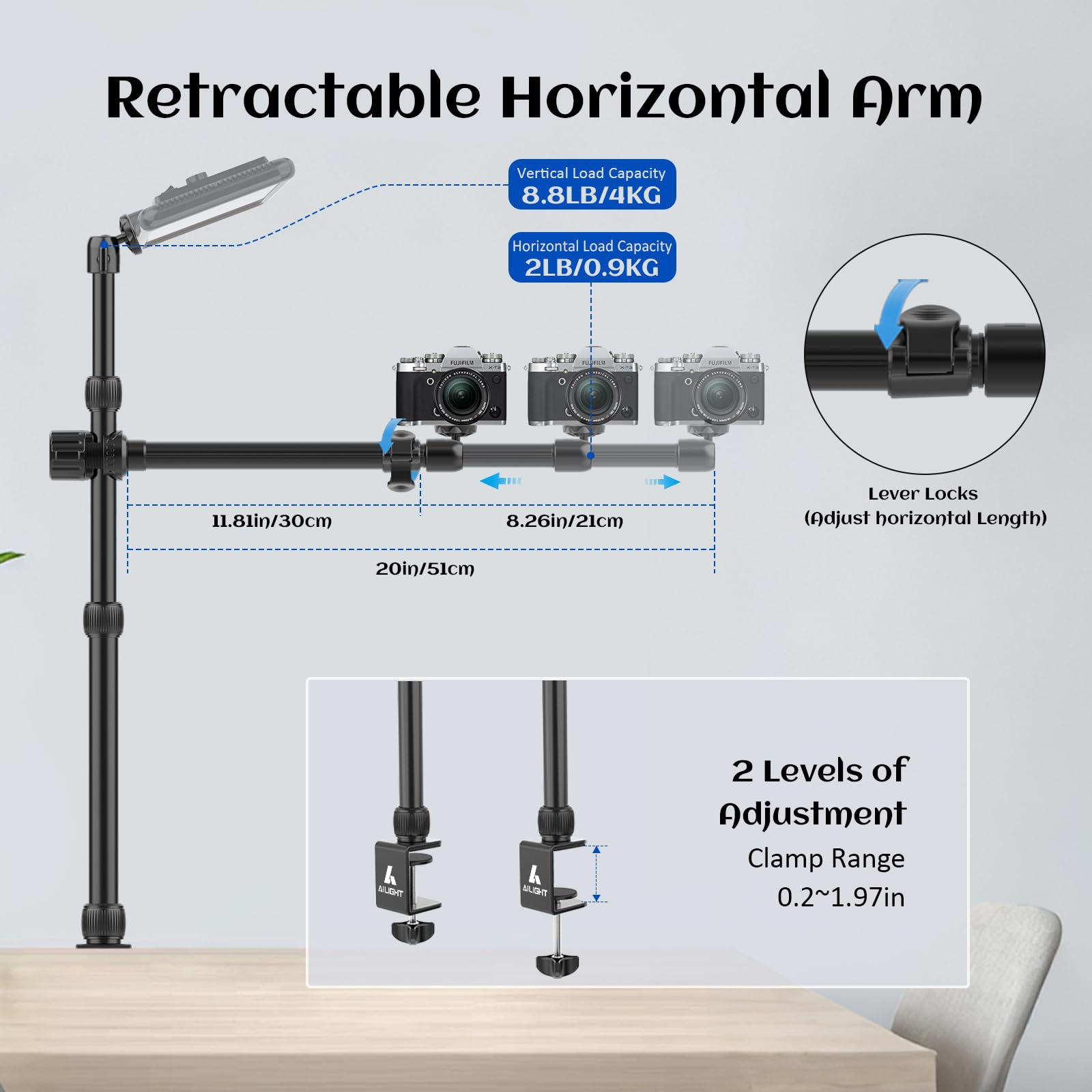 Ailight Overhead Camera Mount Desk Stand, 15.75"-33.45" Webcam Mount With 2-Section Adjustable Telescopic Boom Arm, C Clamp/Swiveling Ball Head For Dslr Camera, Phone, Ring Light, Webcam