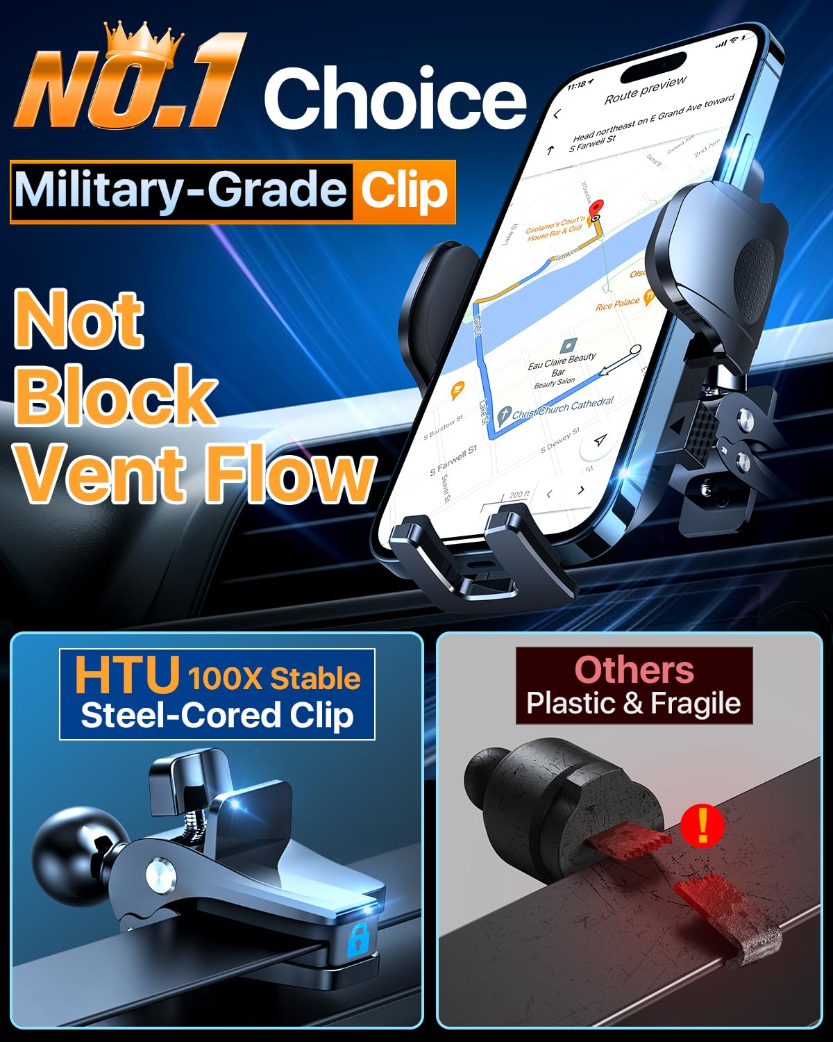 Htu  Best Car Phone Holder【Ultimate 5-In-1 &  100+Lbs Strongest Suction】【True Military-Grade & Safety Cert】 Windshield Phone Mount, Truck Dashboard Vent Stand For Iphone Android, Blue