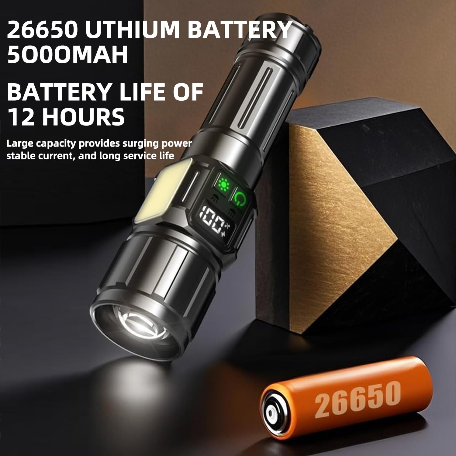 Aiersen Rechargeable Flashlight, 900000 Lumens Ultra Bright Flashlight, Equipped With Lcd Digital Display And Side Lights, 7 Modes, With 5000Mah Battery, Used For Outdoor Camping Handheld Led Flashlight