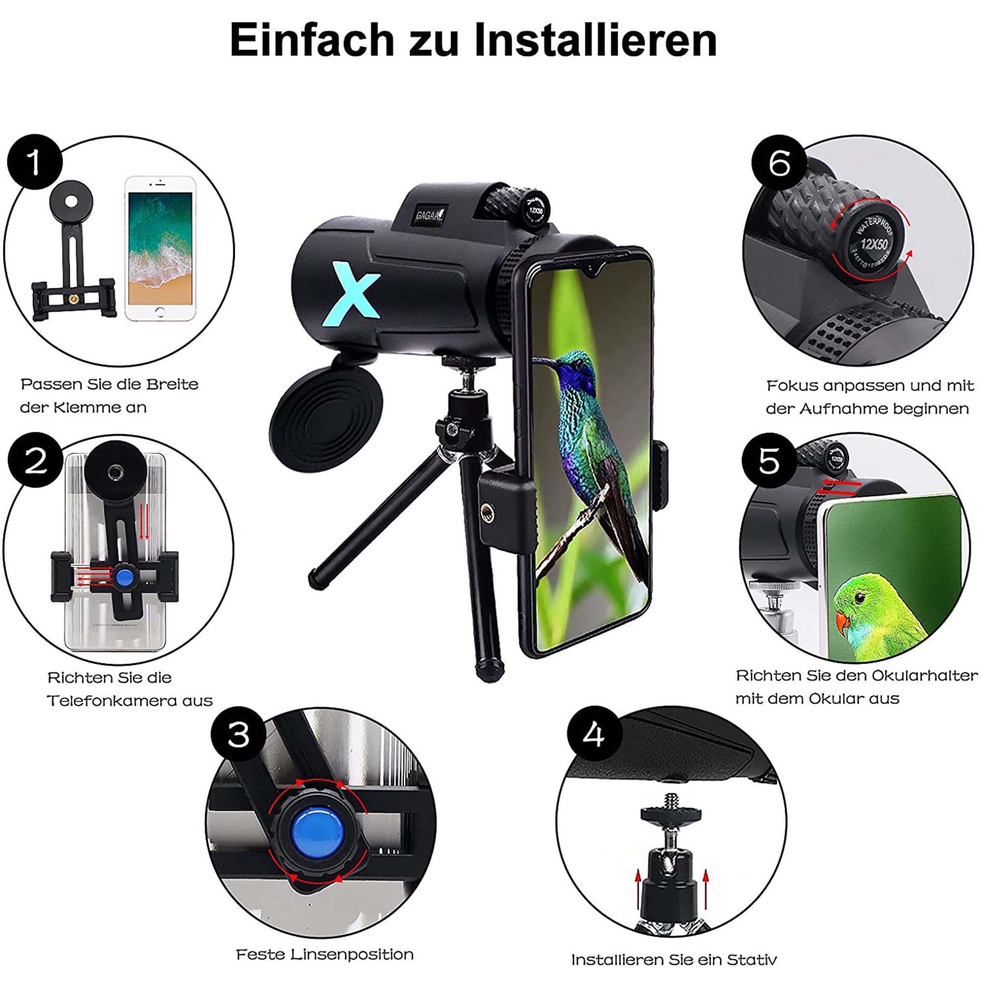 Gagaal 12X50 Monocular Telescope -  Small Monocular Telescope High Power, For Smartphone Holder & Tripod, Suitable For Bird Watching Hunting Hiking Camping
