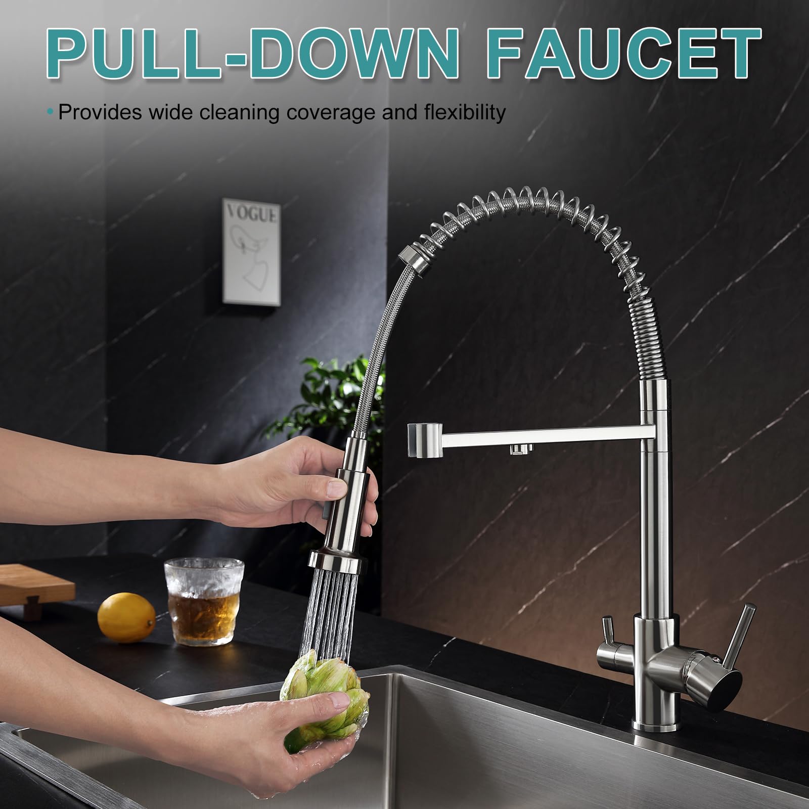 Kinkib Pull-Out Kitchen Faucet With Water-Filter-Faucet - Kitchen Sink Faucet With 2 Spray Modes, Ro System Compatible, Dual Handle Lead- Brass Design, Brushed Nickel