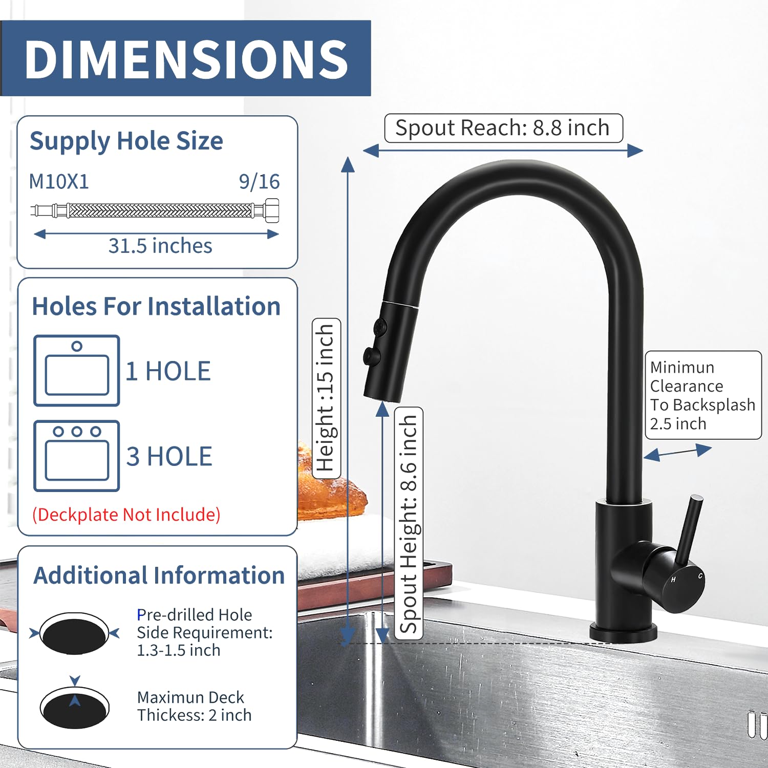 Rainmax Black Kitchen Faucet With Pull Down Sprayer,High Arc Single Handle Stainless Steel Sink Faucet,Suitable For Farmhouse Camper Laundry Rv Bar Kitchen Faucets For 1 Or 3 Hole Kmf008B-3