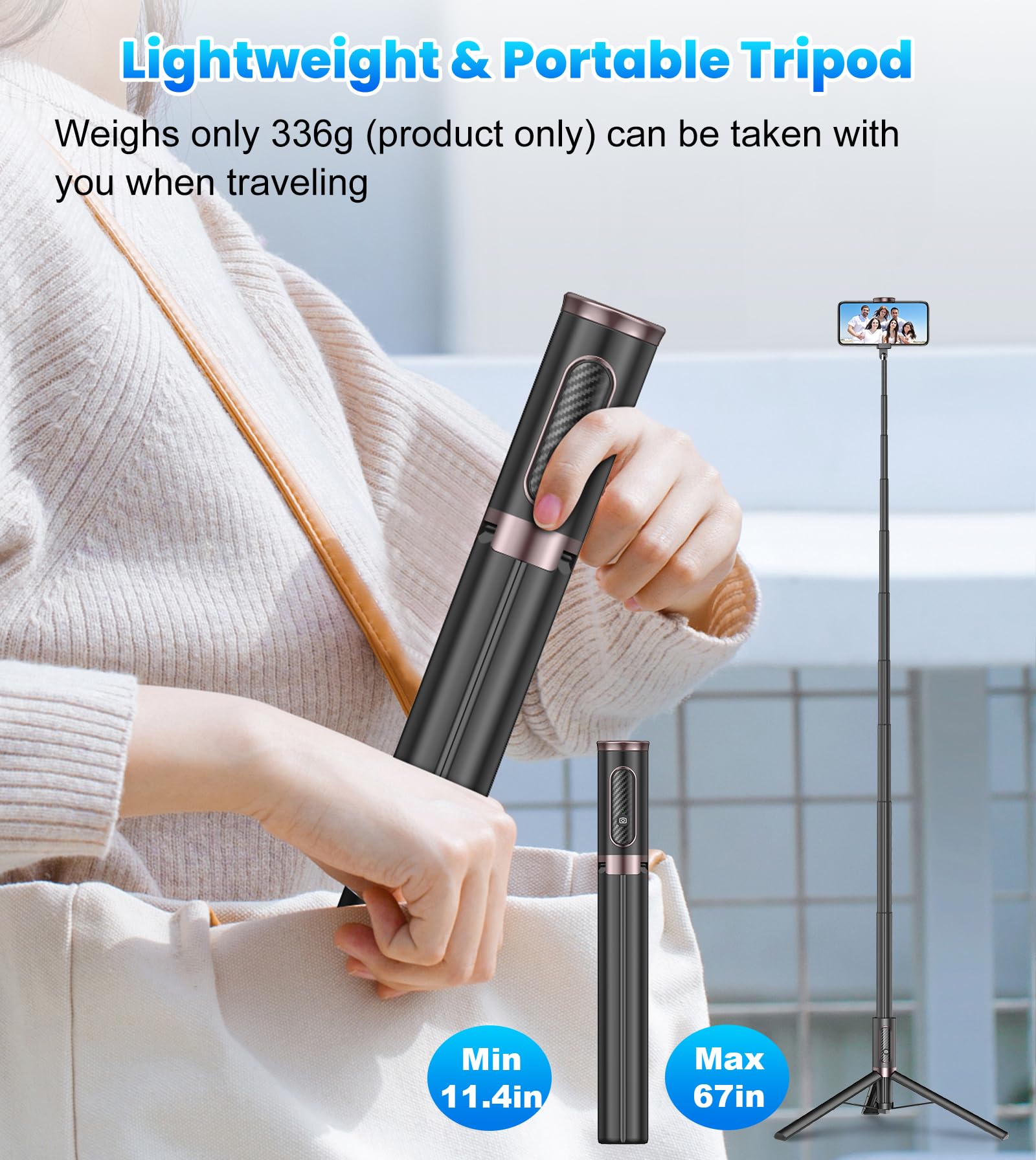 Toneof 67" Cell Phone Selfie Stick Tripod,Smartphone Stand All-In-1 With Integrated Wireless Remote,Portable,Lightweight,Extendable For Iphone/Android(Black)