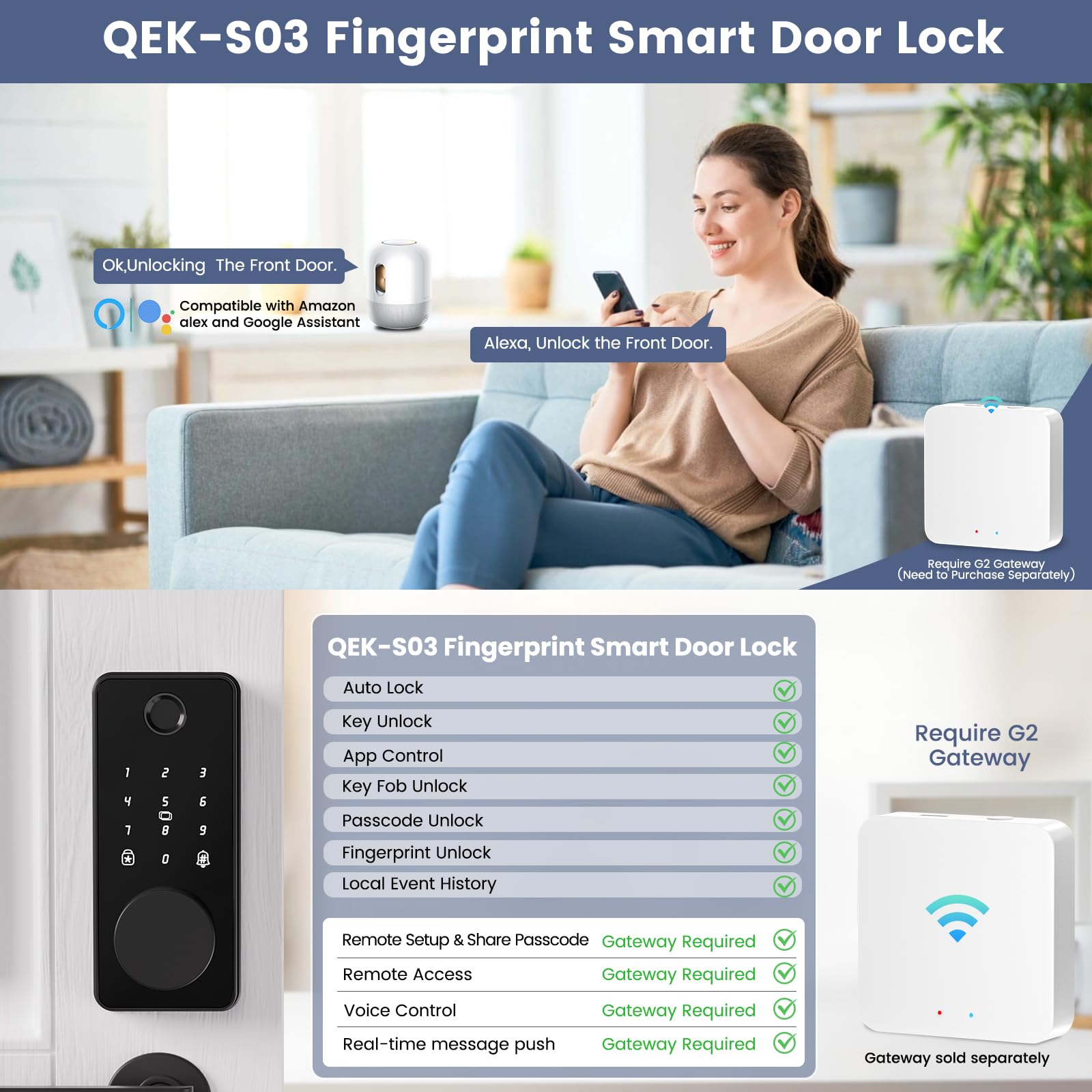 Biquole Keyless Entry Door Lock, Smart Lock With Keypad, Auto & One Touch Lock, Smart Locks For Front Door Easy Installation, App Control,Anti-Peeking Password, Fingerprint