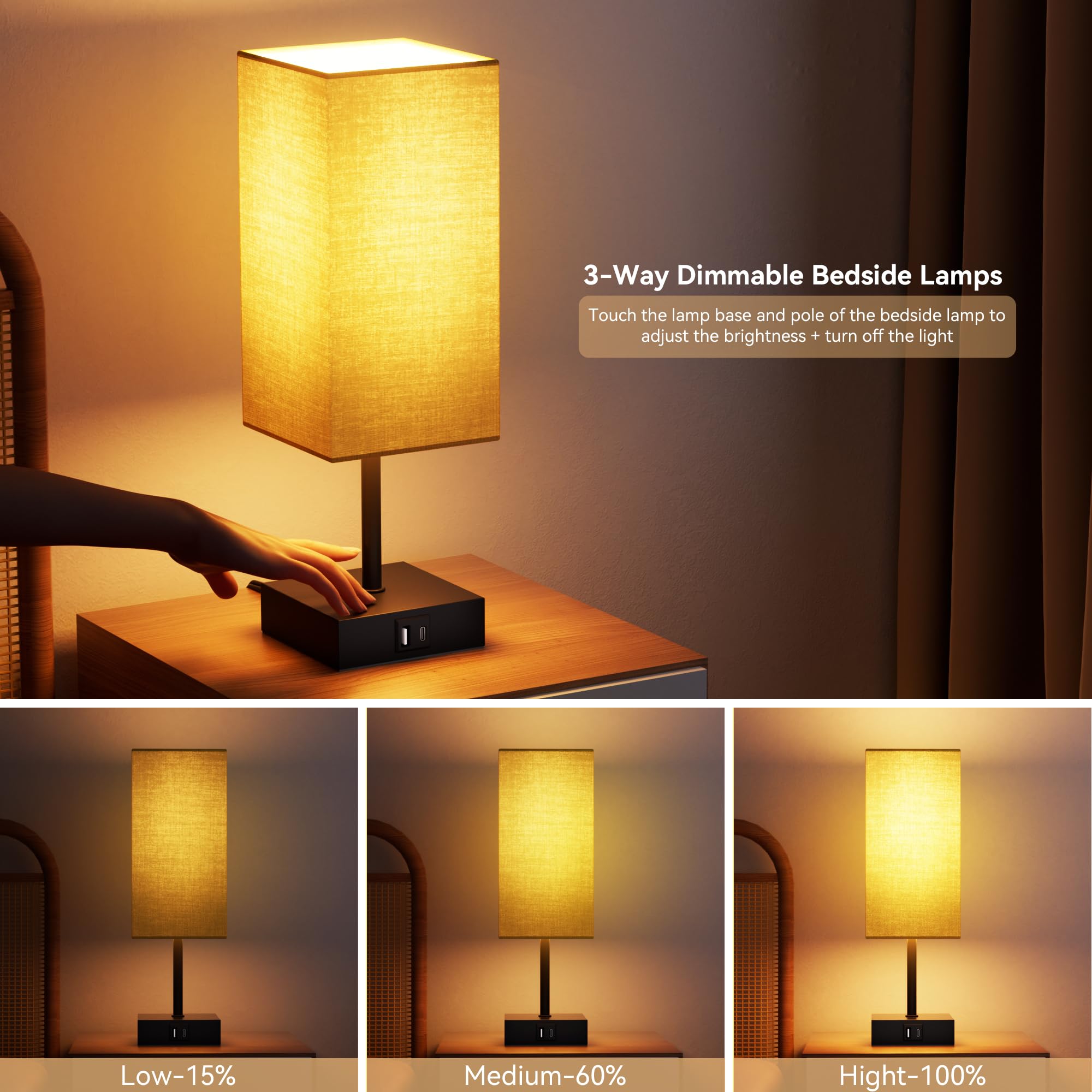 Golspark Bedside Lamps Set Of 2, Table Lamp For Living Room Usb C Usb A Charging Ports, 3 Way Dimmable Nightstand Lamps, Beige Lamp Shade Touch Lamps For Bedrooms Led Bulb Included