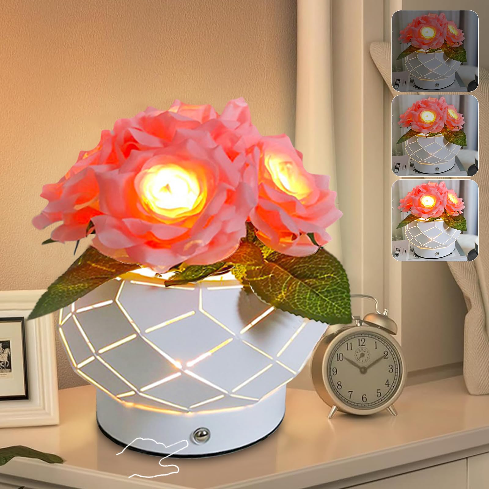 Strackvial Rose Table Lamp, 3 Colors Touch Infinitely Dimming Flower With Vase Lamp, Rechargeable Cordless Artificial Flower Light, Led Potted Flower Lamp For Mom Women Grandma (Rose - Pink)