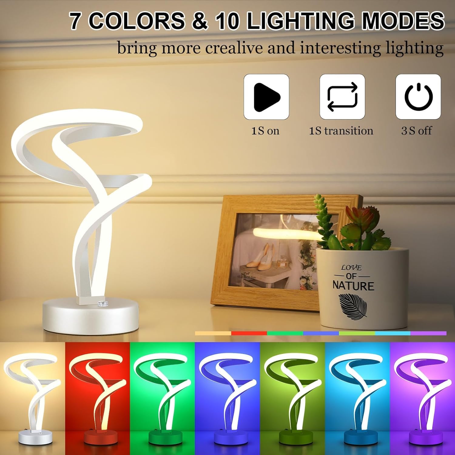 Oyxon Modern Table Lamp, Led Touch Dimmable Spiral Bedside Table Lamp, 10W Rgb Nightstand Lamp With 7 Colors 10 Light Modes, Cool Silver Night Lamp For Bedroom Living Room