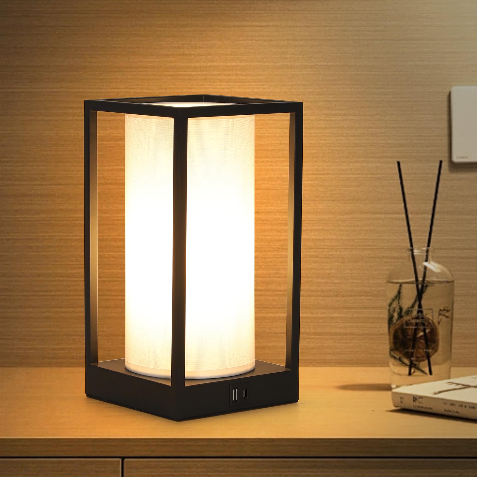 Jobtical Touch Small Table Lamp For Bedroom,Square Boho Desk Lamp For Nightstand With Fabric Linen Shade,3-Way Dimmable Reading Bedside Table Lamp With Usb Charging Port For Living Room,Office