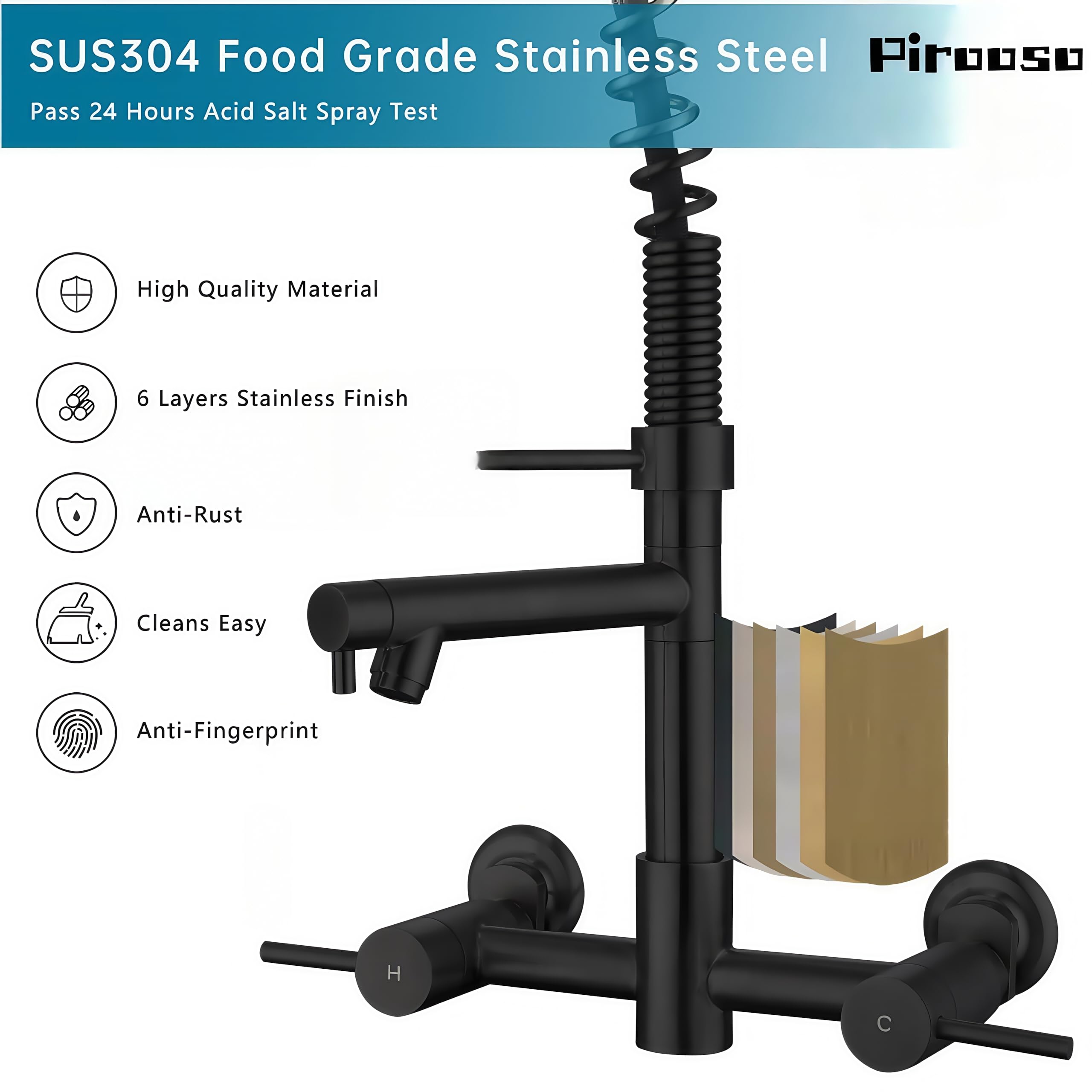 Pirooso Commercial Wall Mount Kitchen Faucet With Pre-Rinse Sprayer & Pot Filler - 8-Inch Center High Arc Spring Faucet With Two Handles - Modern Black Finish For Kitchen Sinks