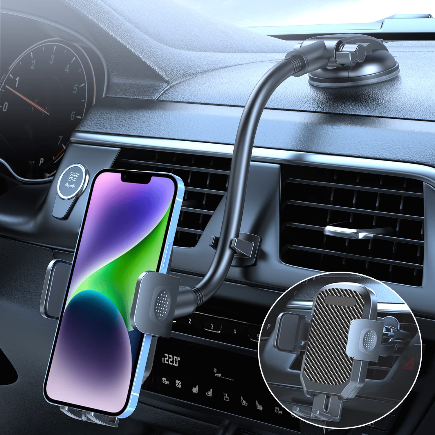 Ywecan Cell Phone Holder Car [Military Grade Powerful Suction] Car Phone Holder Mount Adjustable Gooseneck For Truck Dashboard Windshield Vent For Iphone 16 15 14 All Mobile Phones