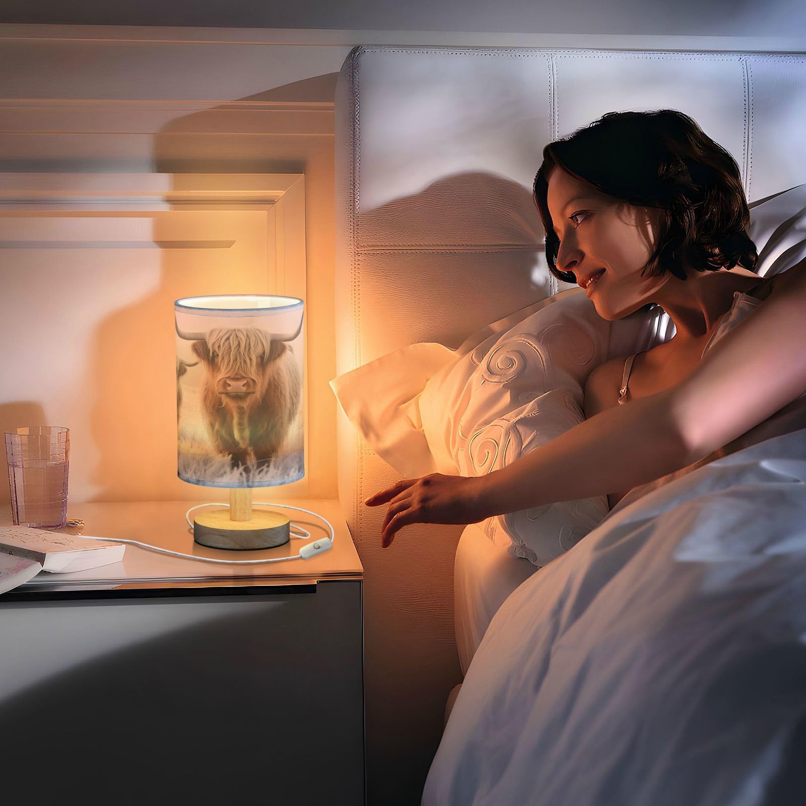 Keepreal Cool Highland Cow Bedside Table Lamp - Usb Small Nightstand Lamp, Wood Base Led Desk Light For Bedroom,Living Room, Office Desk