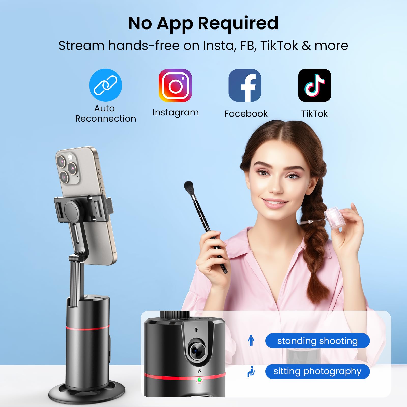 Mapleparty Auto Face Tracking Phone Holder, 360°Rotation Motion Sensor Track Moving Tripod For Iphone With Remote, No App,Gesture Control, Smart Face Body Phone Mount For Live Vlog Streaming Video,Black