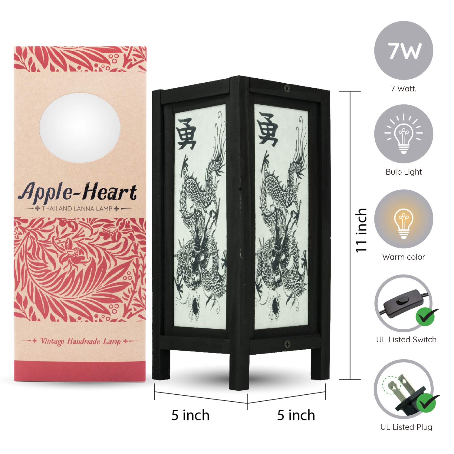 Apple-Heart Red Berry Thailand Lanna Lamp Orca Lamp - Japanese Lamp For Bedrooms, Chinese Table Lamp For Nightstand, Desk, Or Living Room Décor Fire Dragon K09A
