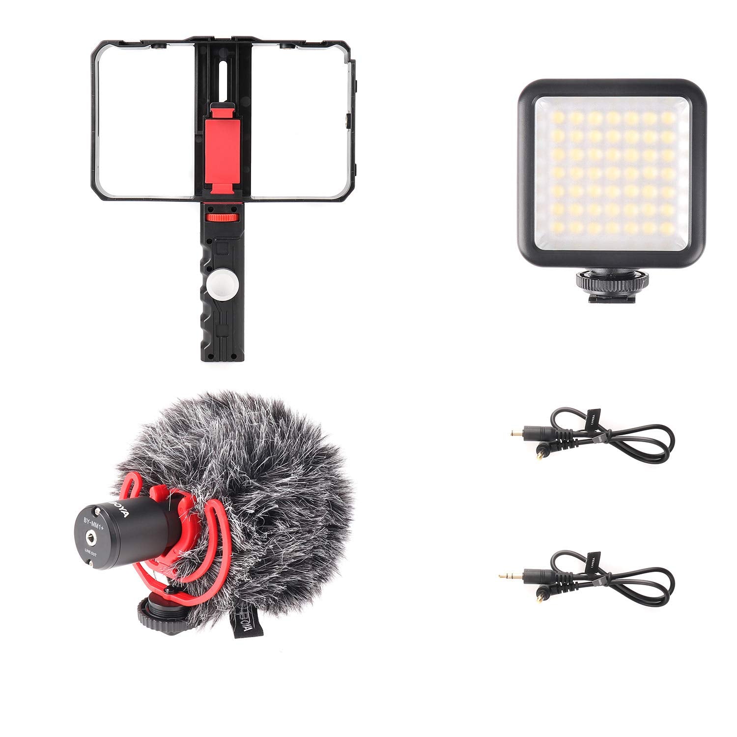Focusfoto Smartphone Video Rig Camera Cage Mount Holder Stabilizer (Removable Handle Grip Version) With By-Mm1 Microphone Mic + 49 Led Light Kit For Mobile Phone Iphone Filmmaking Videomaker