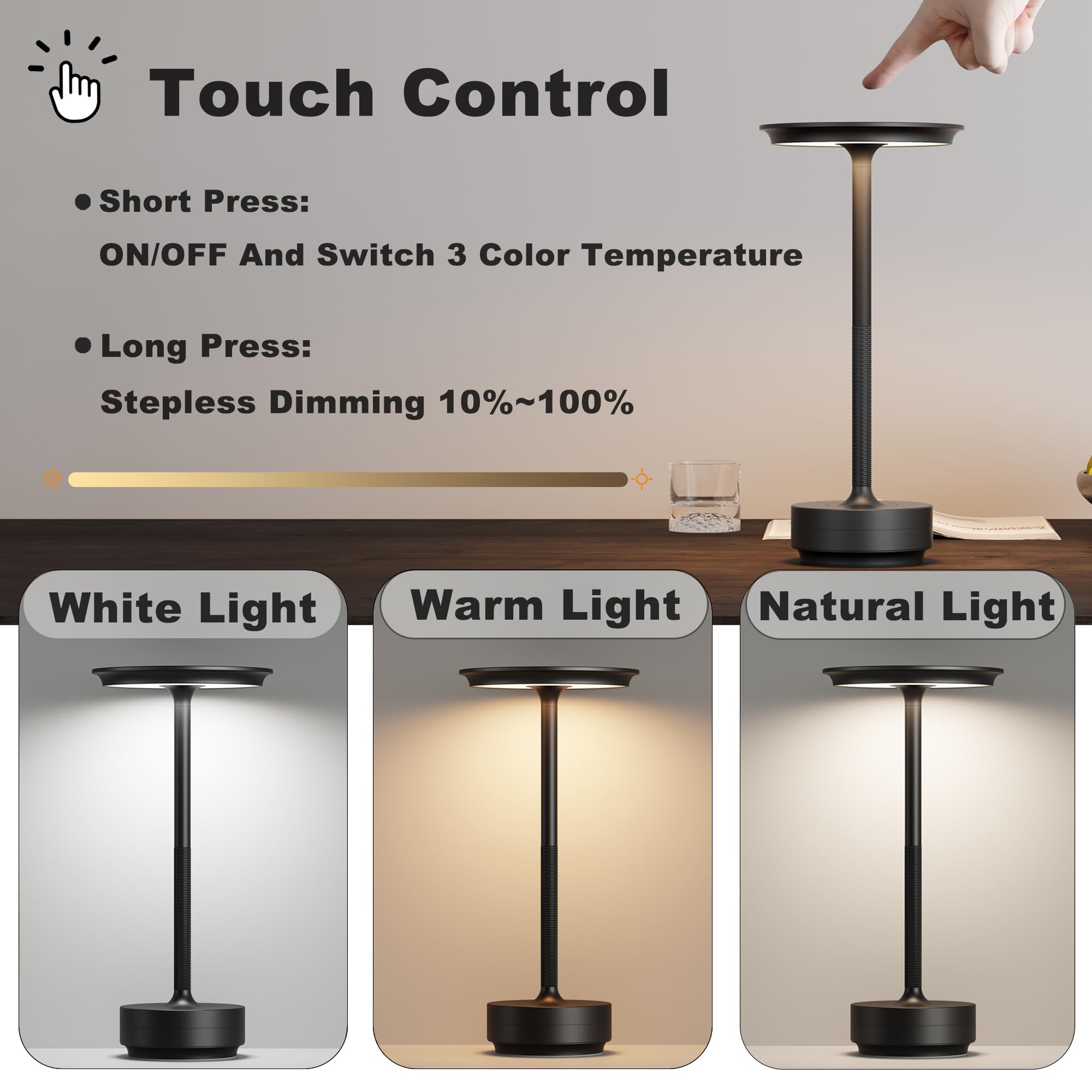 Jonemo 2 Pack Cordless Table Lamp, Led Rechargeable Table Light With 3 Temp Settings, Stepless Dimming, 5000Mah Battery, Usb-C, Memory, Aluminum Alloy, For Home, Patio, Restaurant, Outdoor. Black