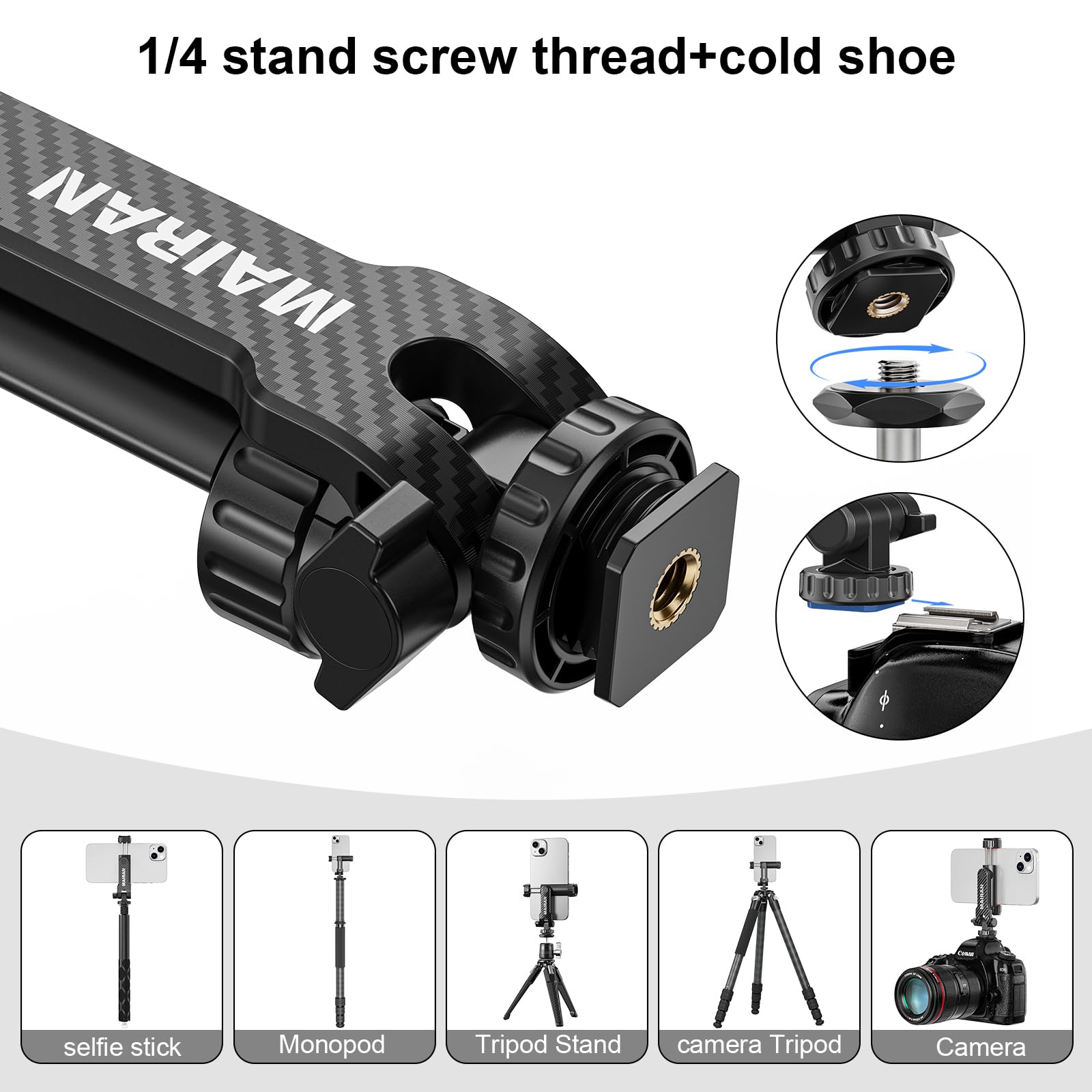 Mairan Phone Tripod Mount,Universal Smartphone Holder Adapter With Dual Cold Shoe Mounts, 1/4" Standard Screw 360° Rotation Adjustable Clip For Iphone, Android Cell Phone, Selfie Stick, Camera Stand