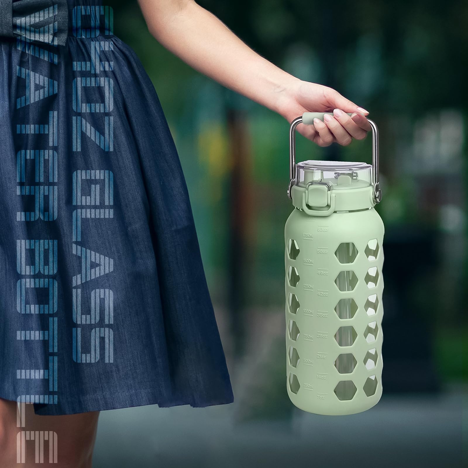 Mukoko 64Oz Glass Water Bottles With Straw And Lid,Half Gallon Water Bottle With Time Marker