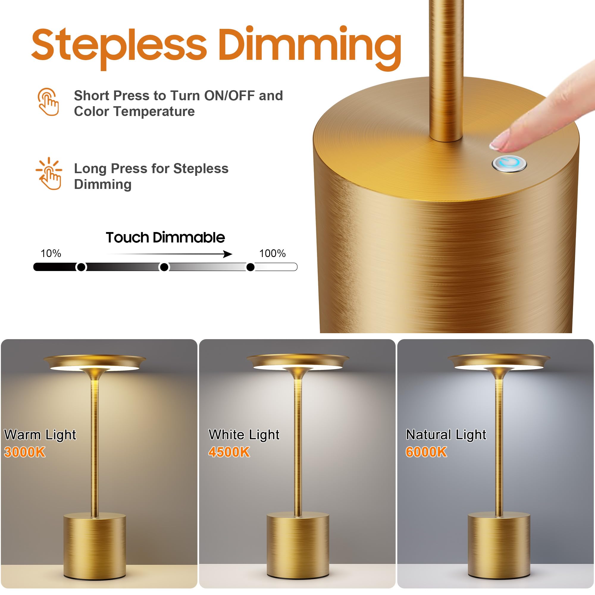 Sikevht 2Pack Cordless Table Lamp,Rechargeable 6000Mah Battery Operated Portable Table Light, 3 Color Stepless Dimmable Battery Lamps, Led Table Light For/Restaurant/Outdoor/Patio (2Pack Gold)