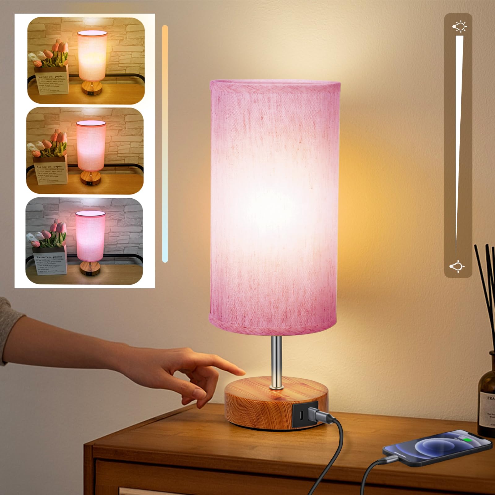 Aokudoni Stepless Dimming Pink Lamps With 3 Color Temperatures, Small Lamps For Nightstand With Usb A + C Ports, Touch Side Lamp For Living Room Bedroom, Desk Lamp For Dorm, For Teenage Girl， Usb Powered