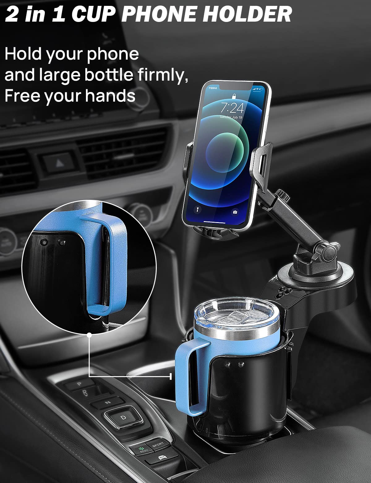 Joytutus Cup Holder Phone Mount For Car, Car Cellphone Large Adapter Long Arm With 360 Degree Rotation, Compatible Iphone, Samsung & All Smartphones