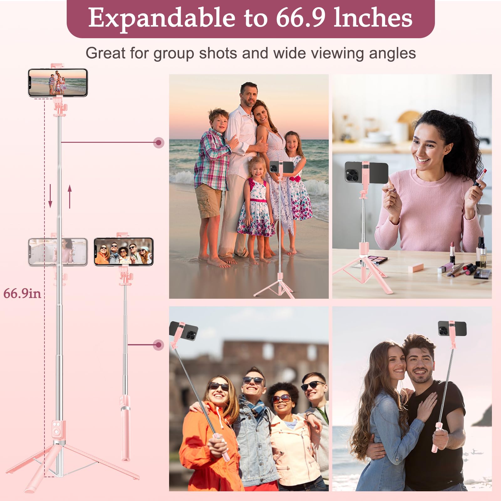 Mouzakon Selfie Stick Tripod With Fill Light, Phone Selfie Stick,Durable Stainless Steel Design,Bluetooth Remote Control,And Stable Three-Legged Support For Live Broadcasts,Video Shooting (Pink)
