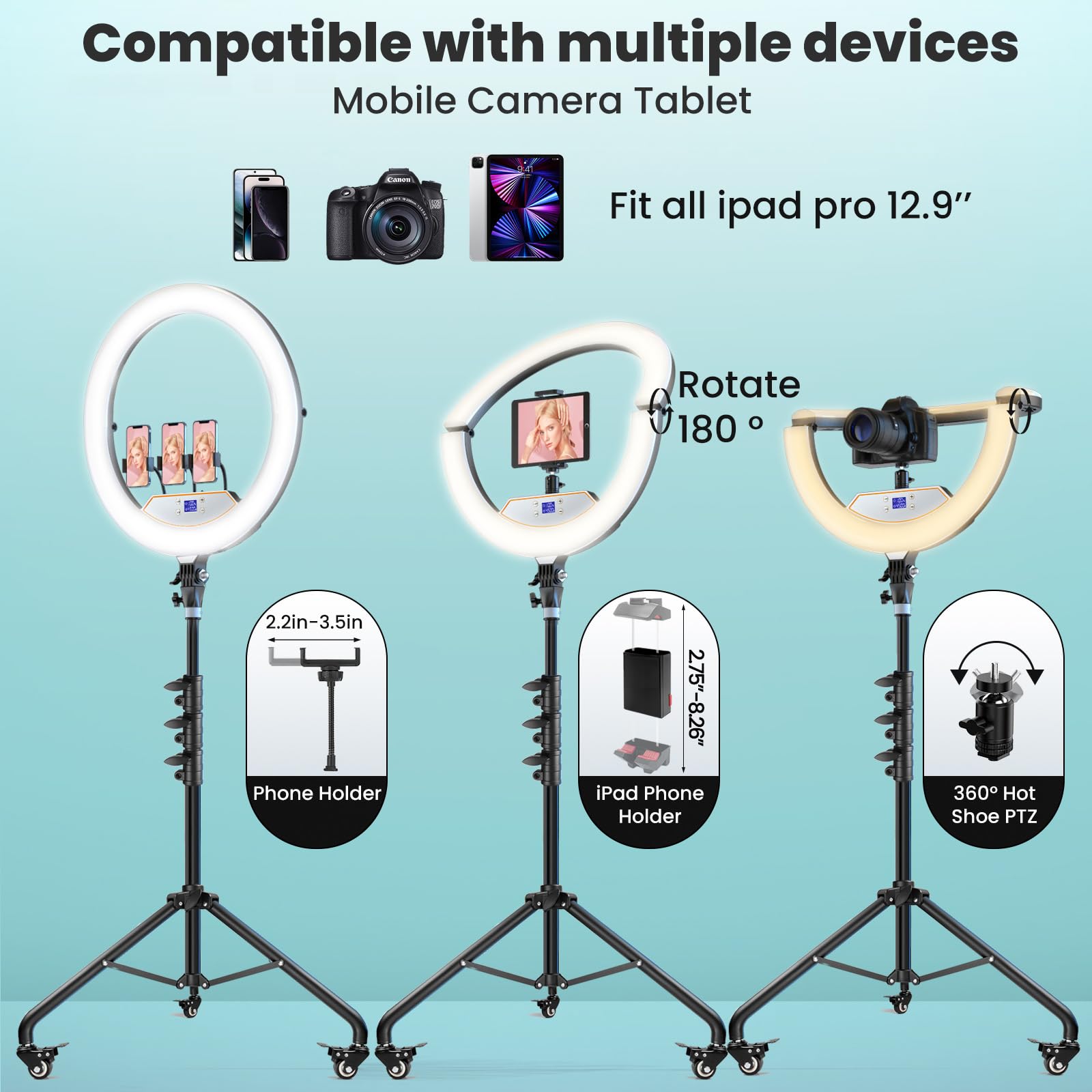 Mactrem 22" Foldable Ring Light With Stand For Iphone Ipad, 75" Tripod With Wheels 50W 6500K Led Display/2 Usb Ports Large Ringlight Rolling, Tattoo Barber Makeup Studio Video Photography Lighting