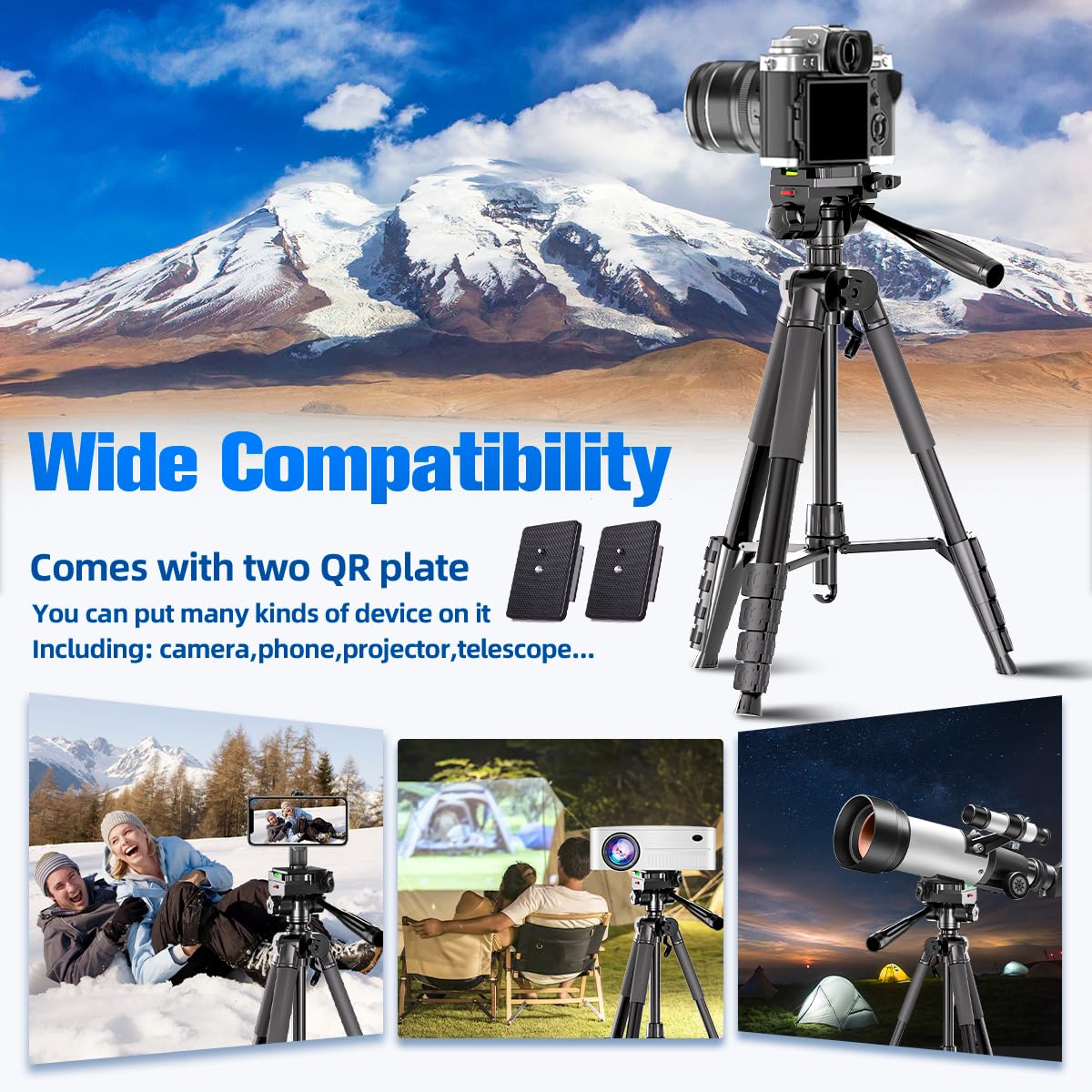 Arsoer Camera Tripod, 74" Dslr Camera Tripod With 2 Qr Plates For Sony/Nikon/Canon, Lightweight Video Tripod Stand For Travelling, Phone Tripod With Fluid Head/Phone Holder/Wireless Remote Max.Load 6Kg