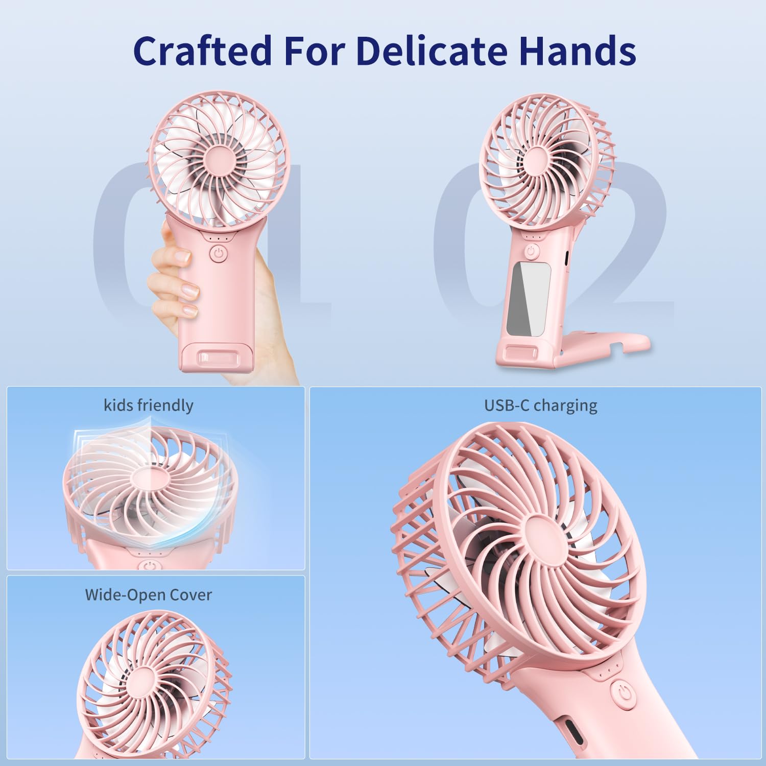 Portable Mini Fan With Mirror, Usb Rechargeable, Pocket 4-Speed Cooling, Up To 15 Hours, Compact