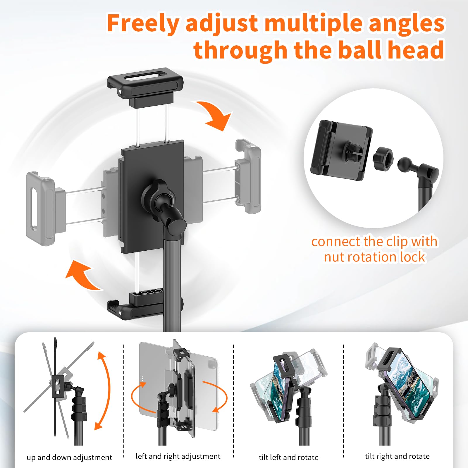 Xxzu 72In Tablet Floor Stand Tripod,Tablet Stand Floor With 360° Ball Head,Height Adjustable Floor Stand Holder For Bed With Case,For Phone/Music/Mic/Stream/Recording And All 5.12-11.05” Devices